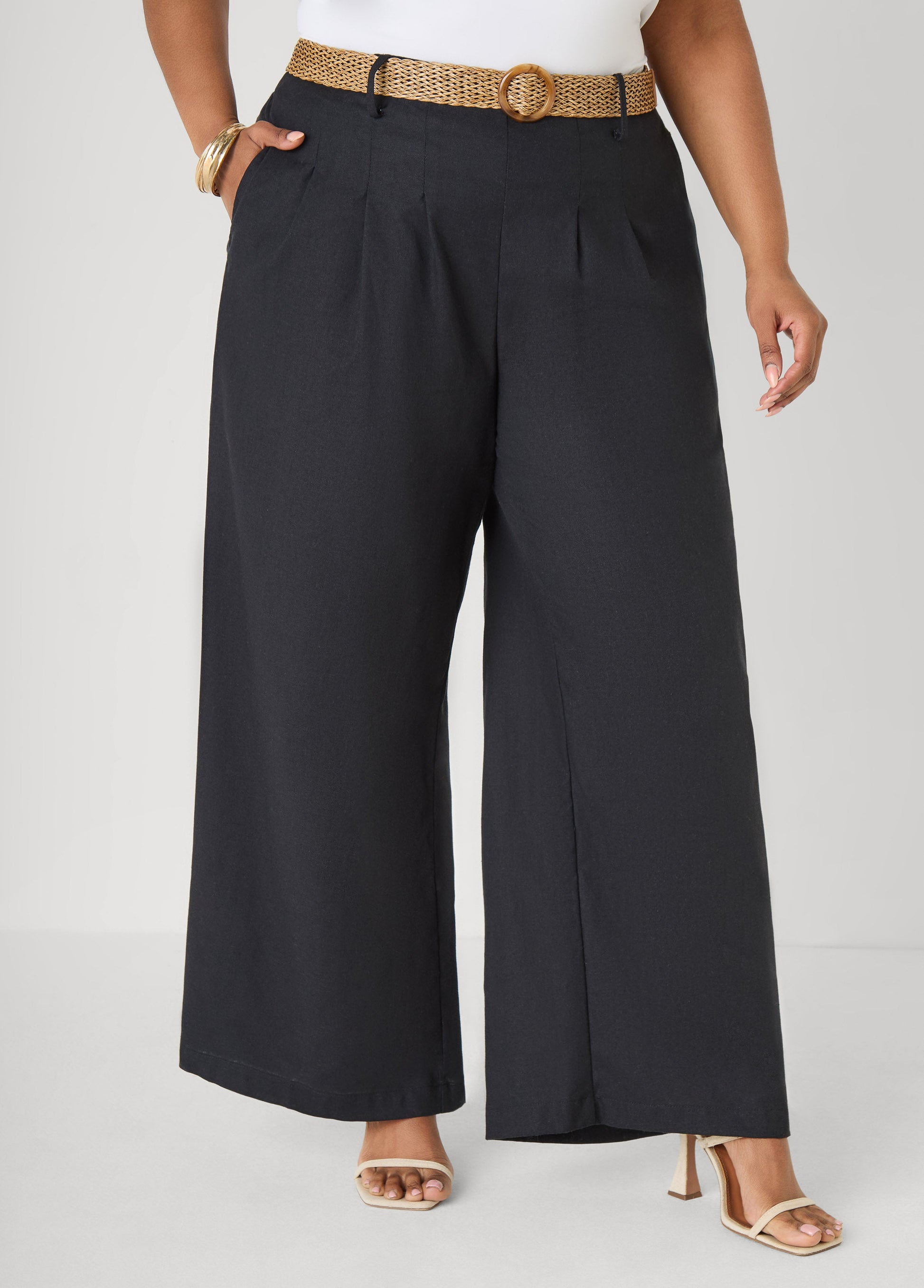 Ashley Stewart Belted Wide Leg Pants Black