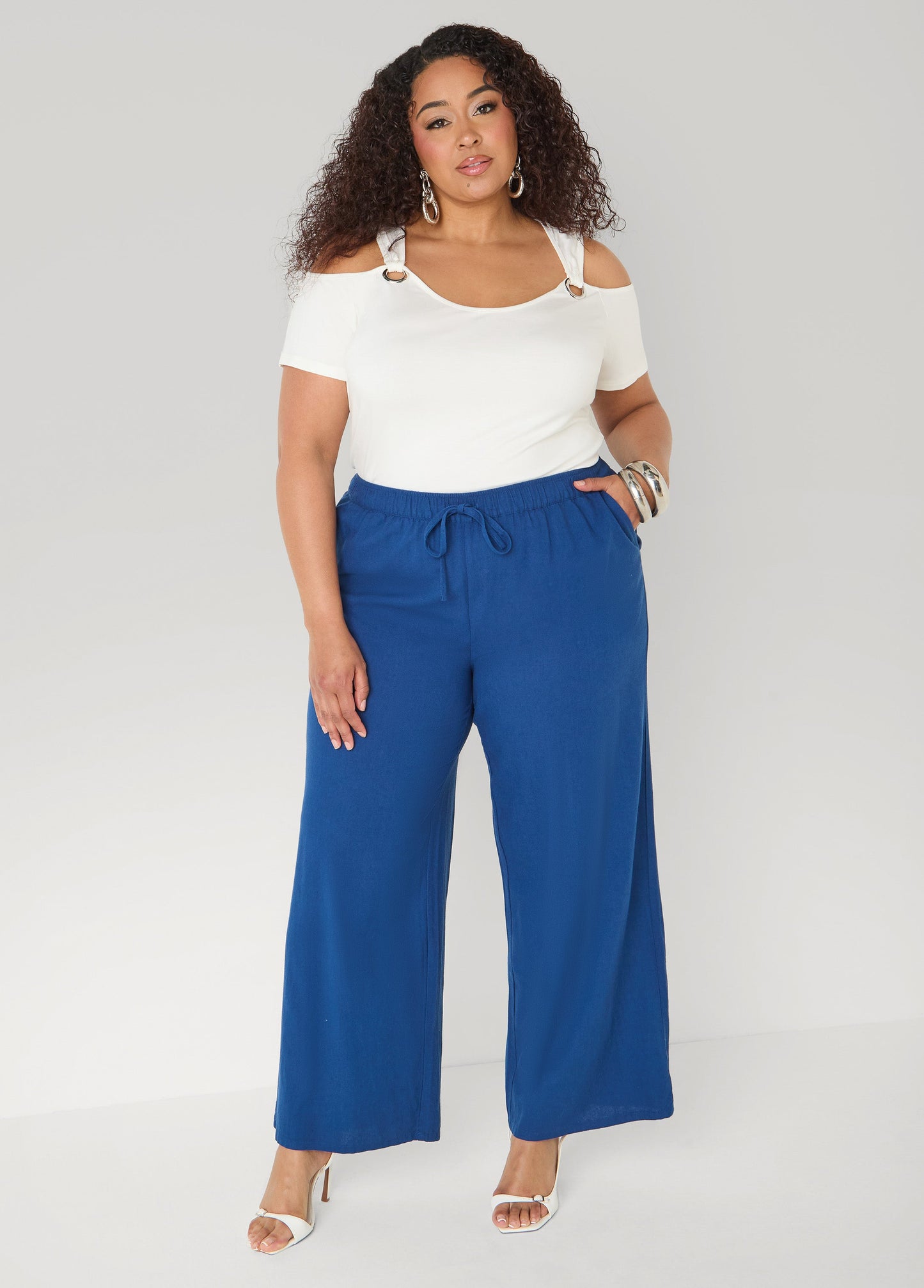 Ashley Stewart Drawstring Linen Blend Pants Navy Peony
