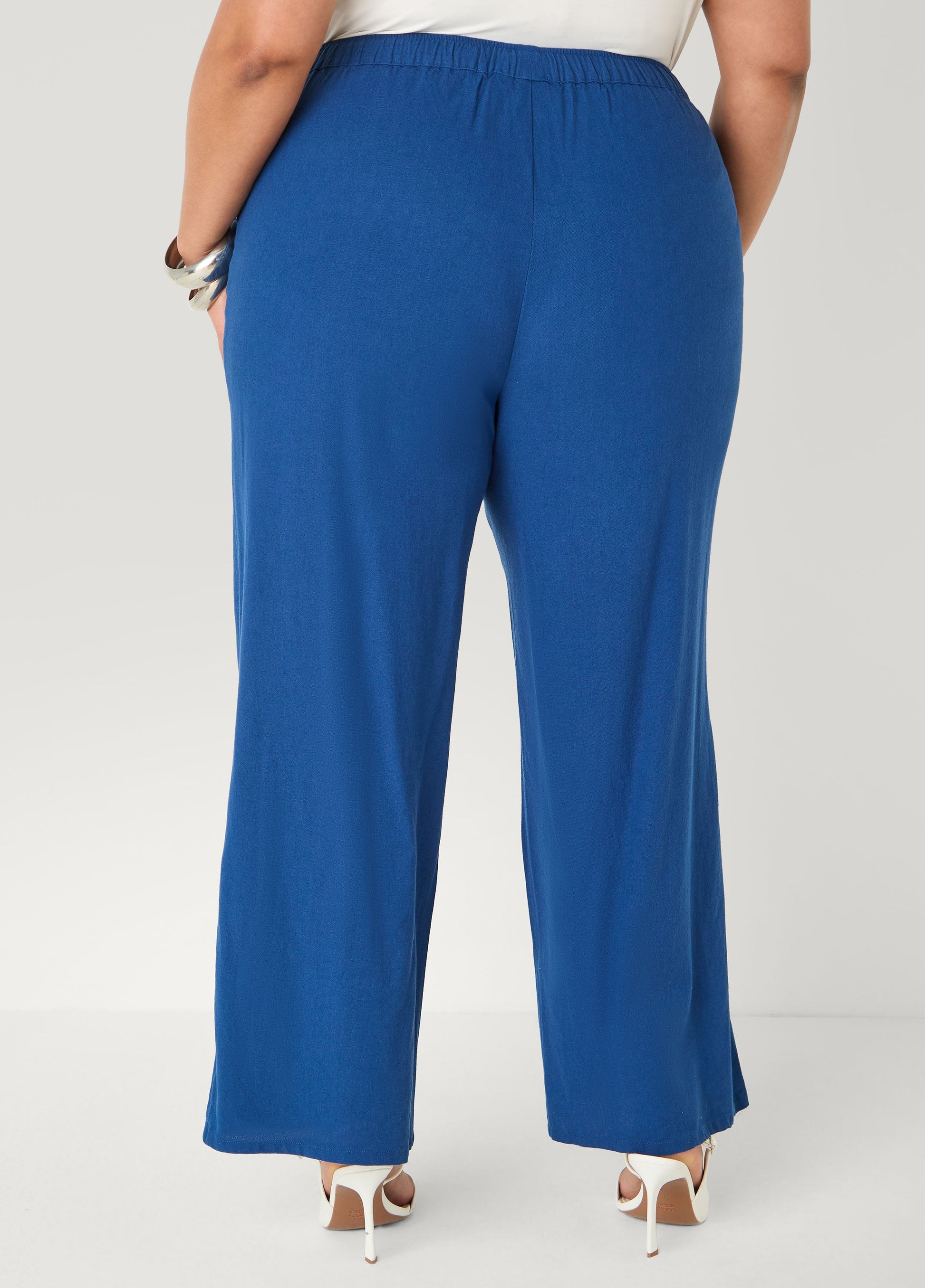 Ashley Stewart Drawstring Linen Blend Pants Navy Peony