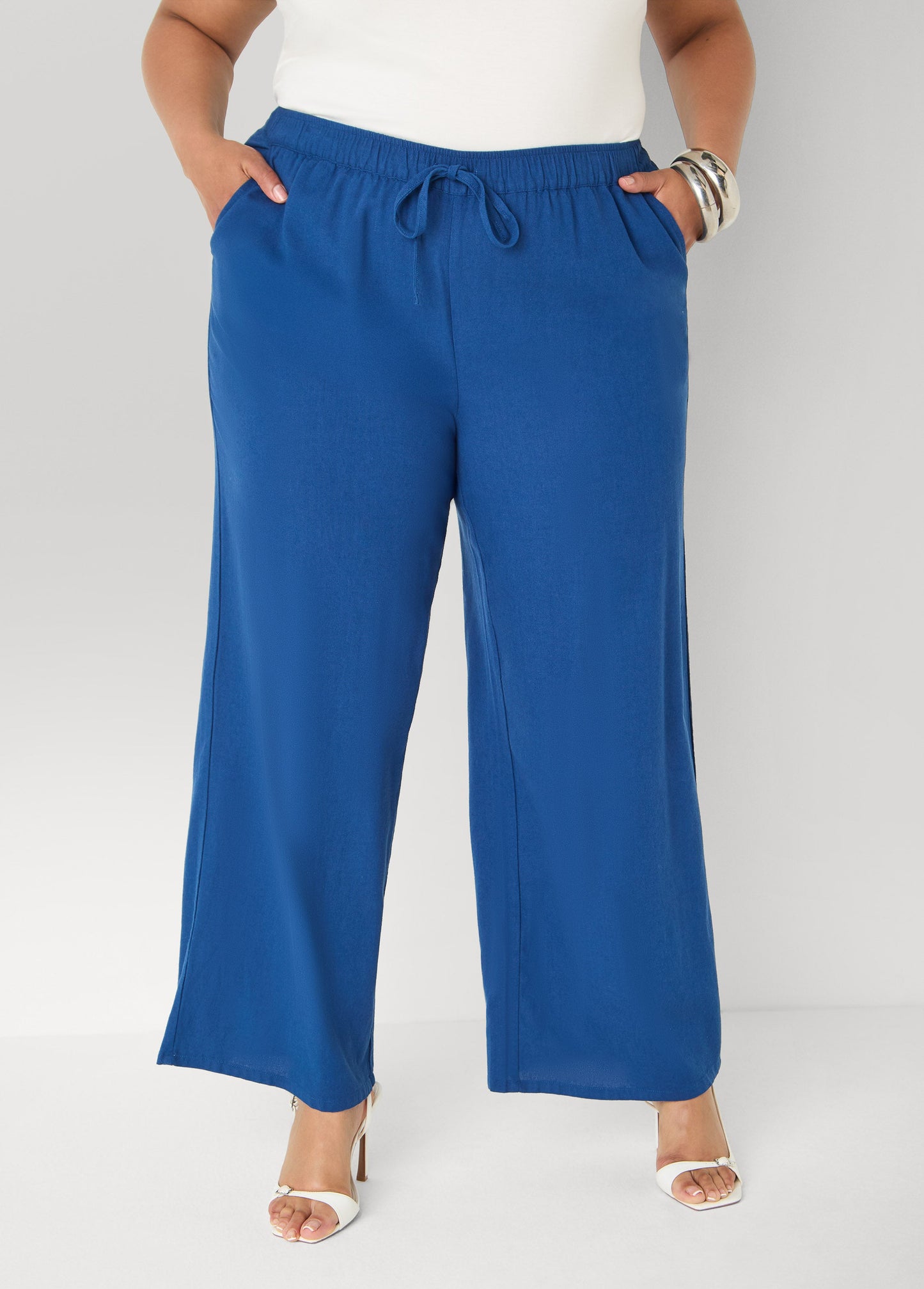 Ashley Stewart Drawstring Linen Blend Pants Navy Peony