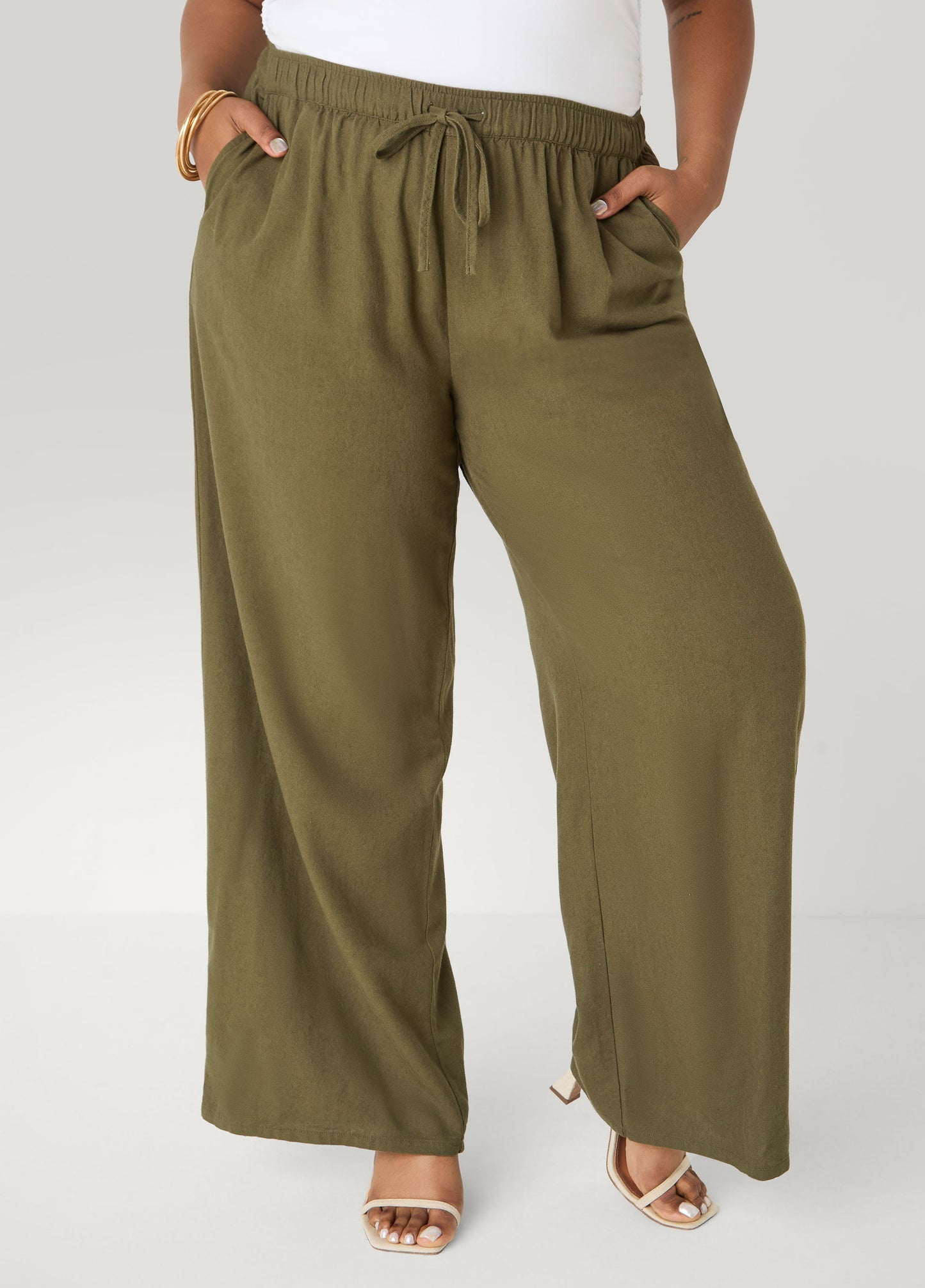 Ashley Stewart Drawstring Linen Blend Pants Navy Peony
