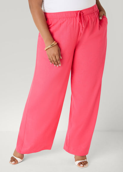 Ashley Stewart Drawstring Linen Blend Pants Navy Peony