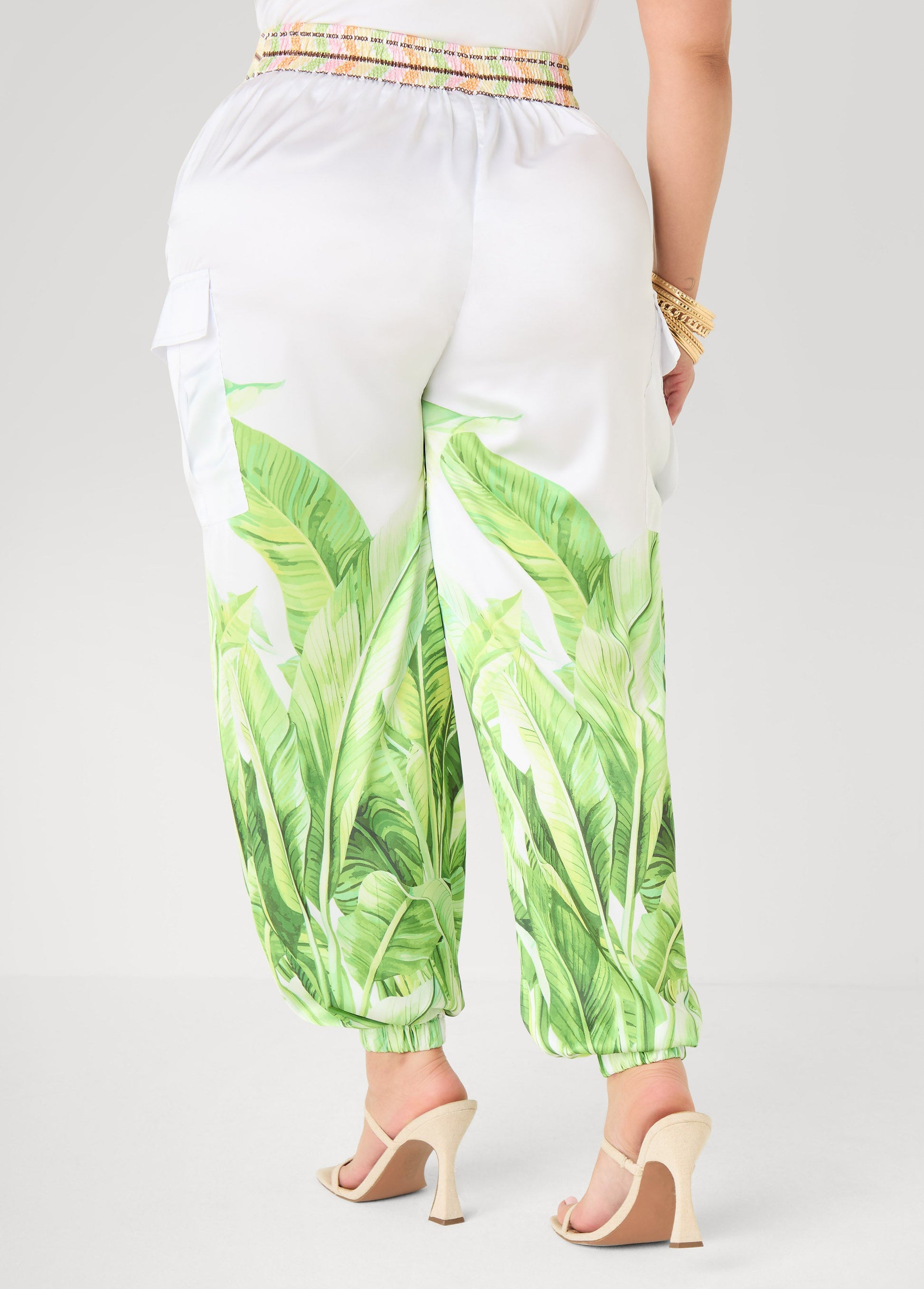 Ashley Stewart Palm Print Balloon Pants White