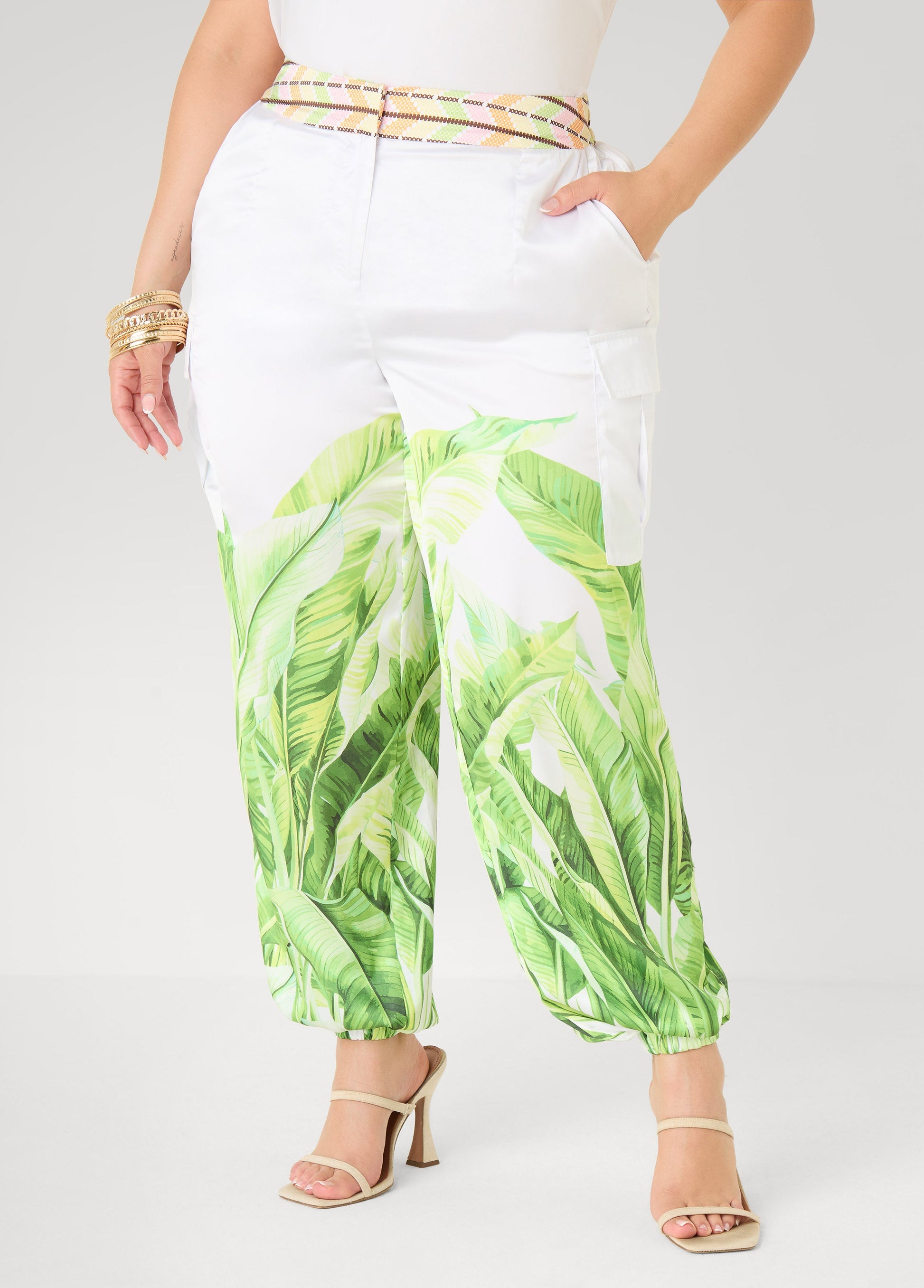 Ashley Stewart Palm Print Balloon Pants White