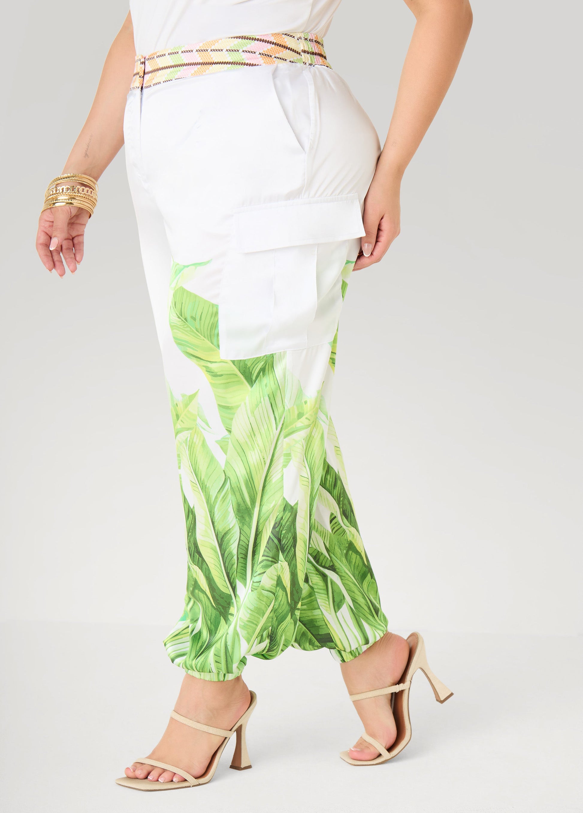 Ashley Stewart Palm Print Balloon Pants White