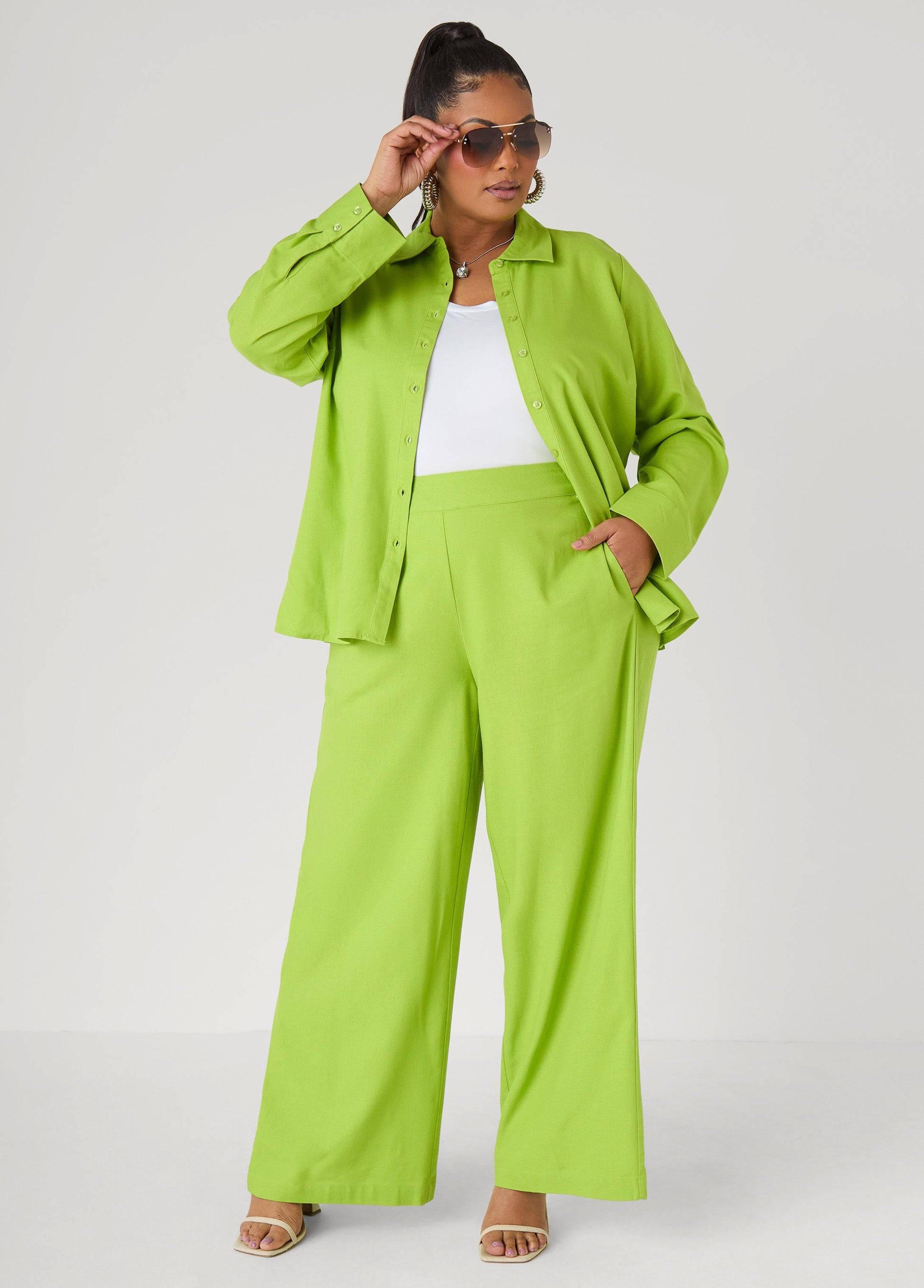 Ashley Stewart Pull On Linen Blend Pants Macaw Green
