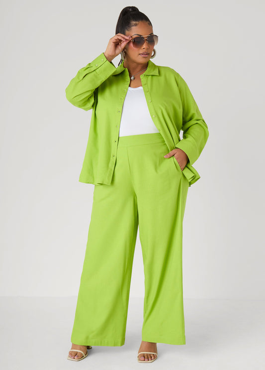 Ashley Stewart Pull On Linen Blend Pants Macaw Green