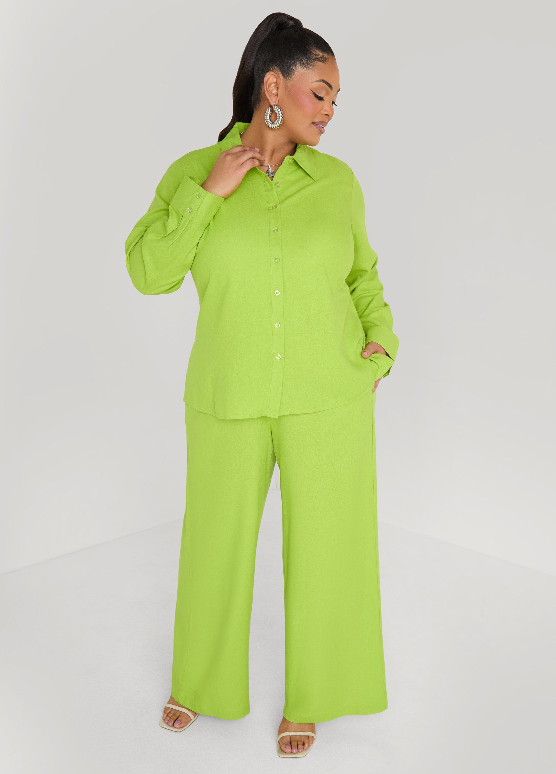 Ashley Stewart Pull On Linen Blend Pants Macaw Green
