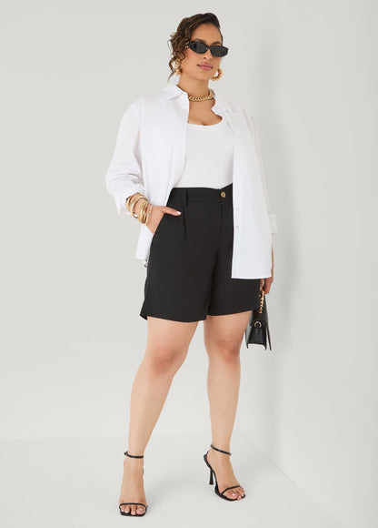 Ashley Stewart Pleated Linen Blend Shorts Navy