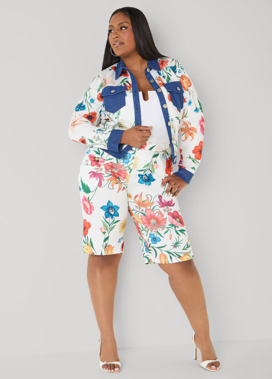 Ashley Stewart Pleated Floral Shorts White