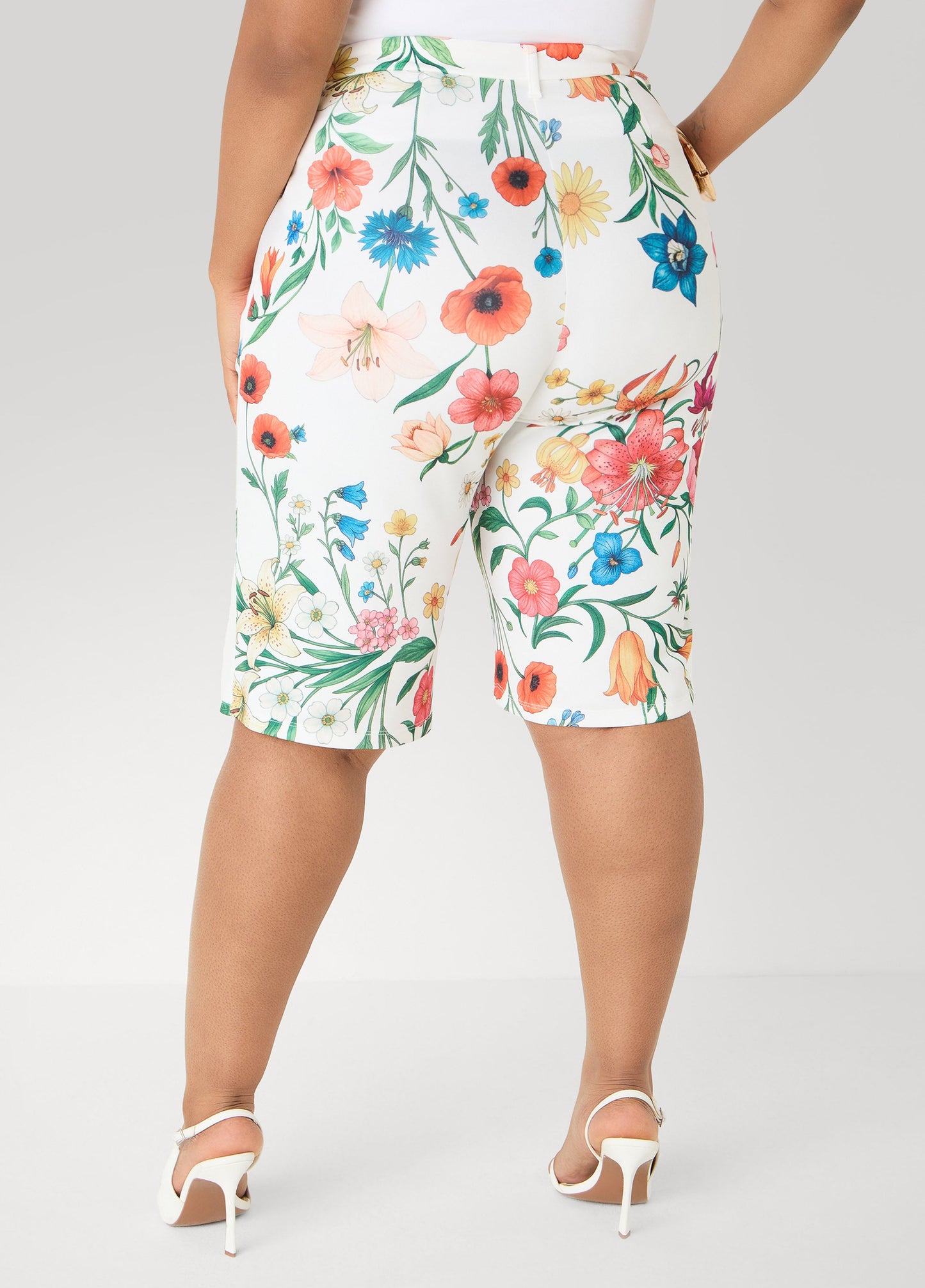 Ashley Stewart Pleated Floral Shorts White