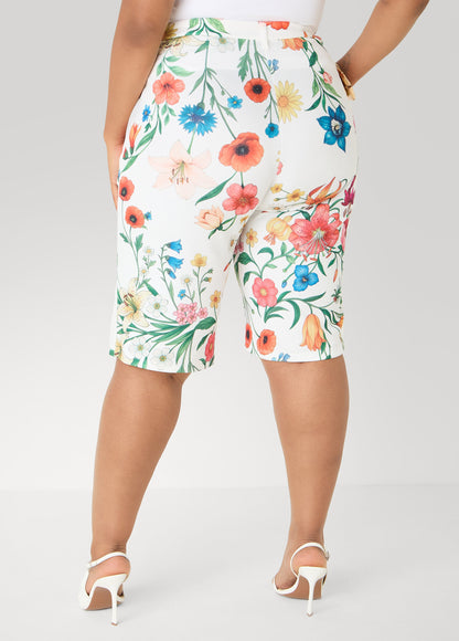 Ashley Stewart Pleated Floral Shorts White