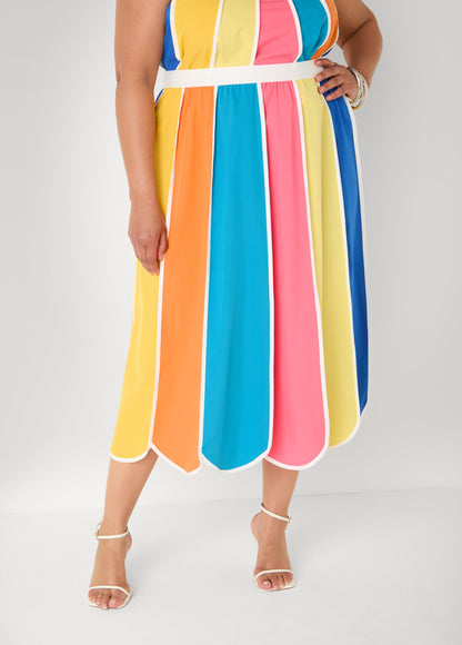 Ashley Stewart Paneled Striped Midi Skirt Multi