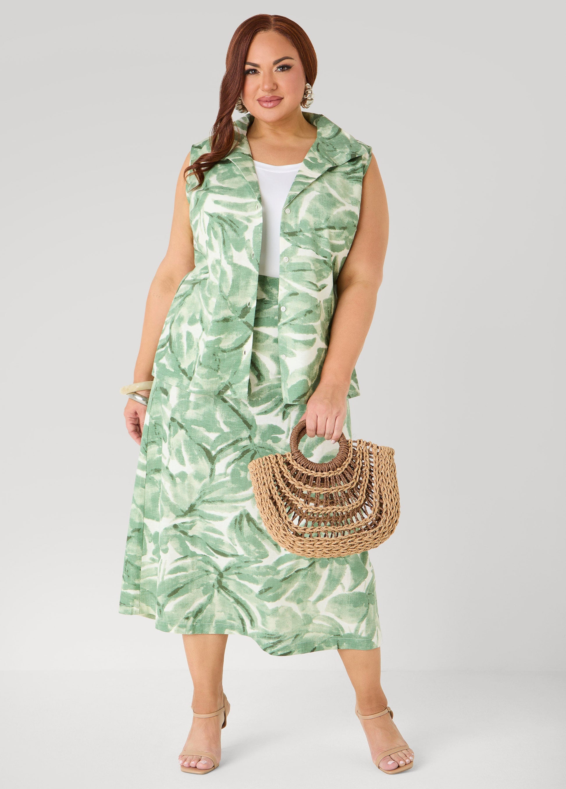 Ashley Stewart Palm Print Linen Blend Skirt Teal