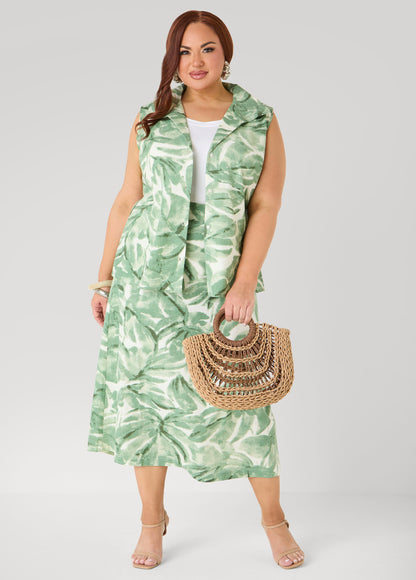 Ashley Stewart Palm Print Linen Blend Skirt Teal