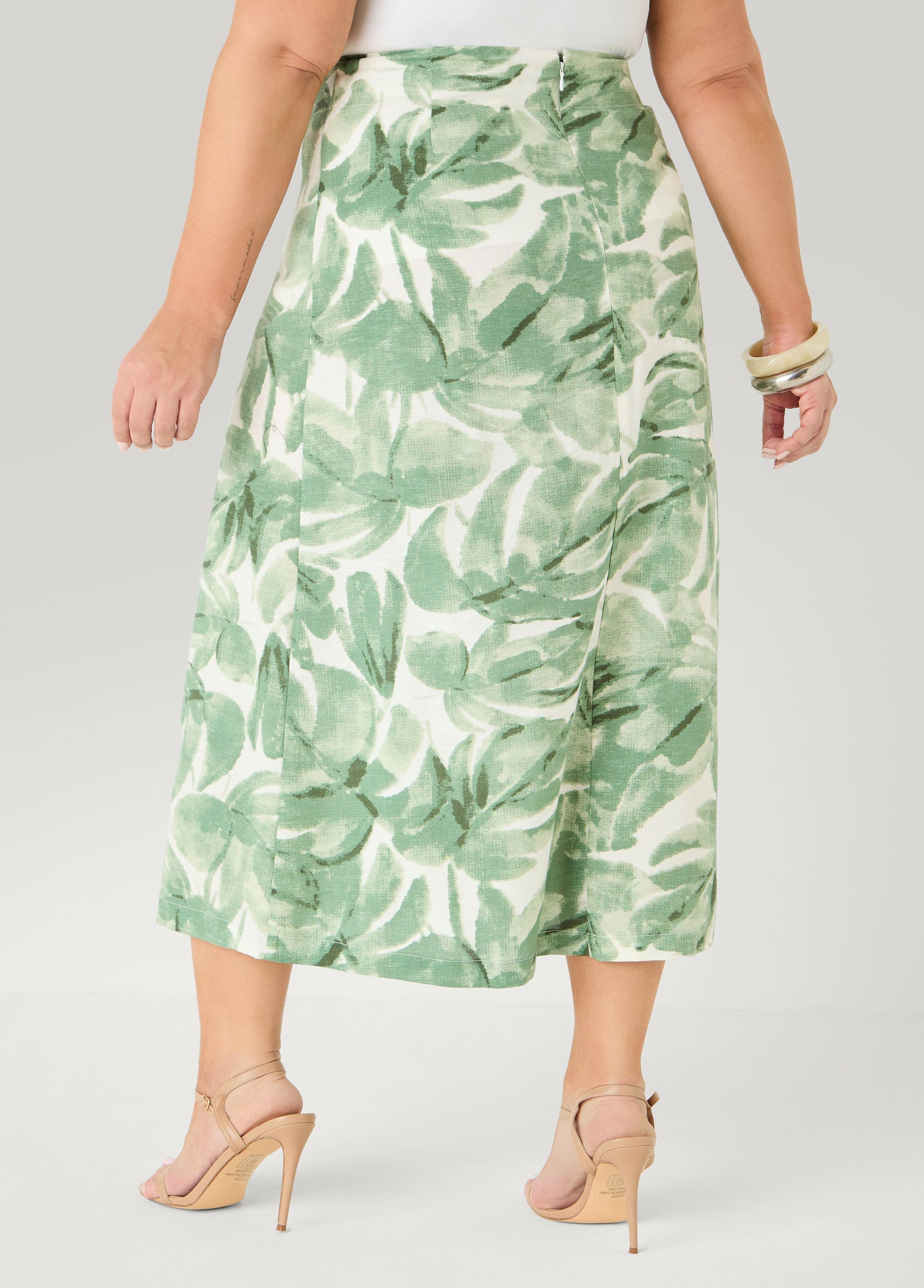 Ashley Stewart Palm Print Linen Blend Skirt Teal