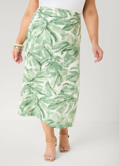 Ashley Stewart Palm Print Linen Blend Skirt Teal
