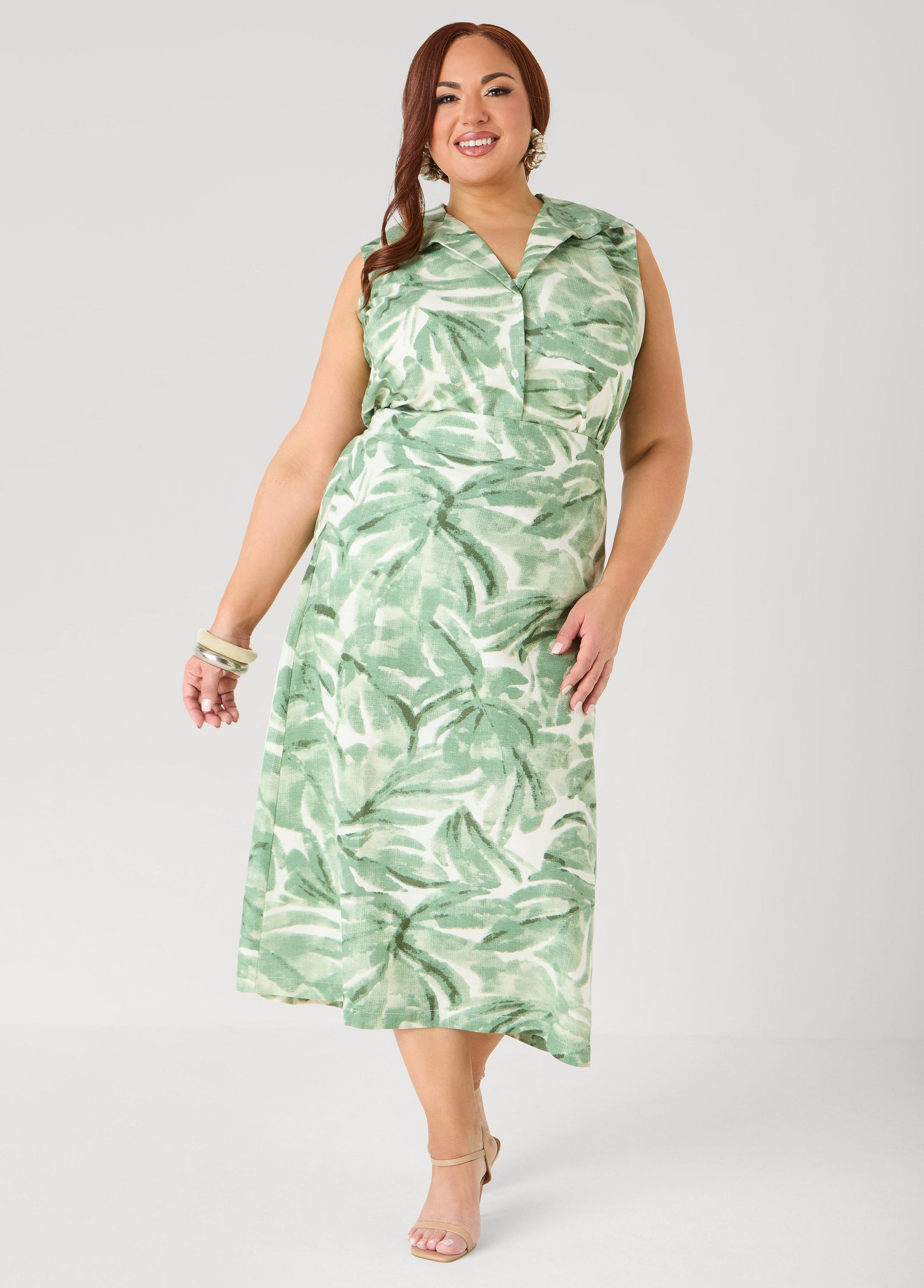 Ashley Stewart Palm Print Linen Blend Skirt Teal