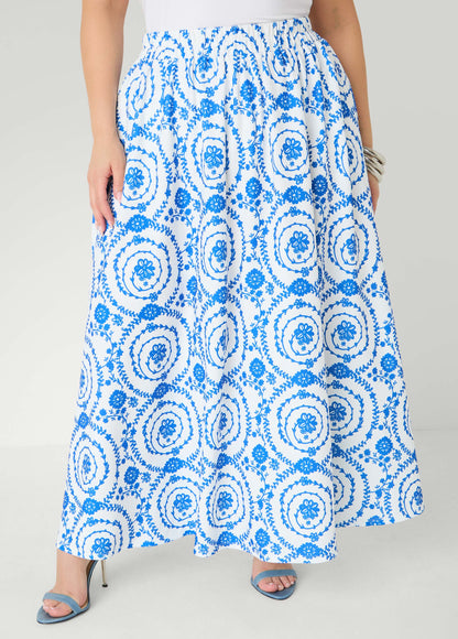Ashley Stewart Floral Print Maxi Skirt Victoria Blue