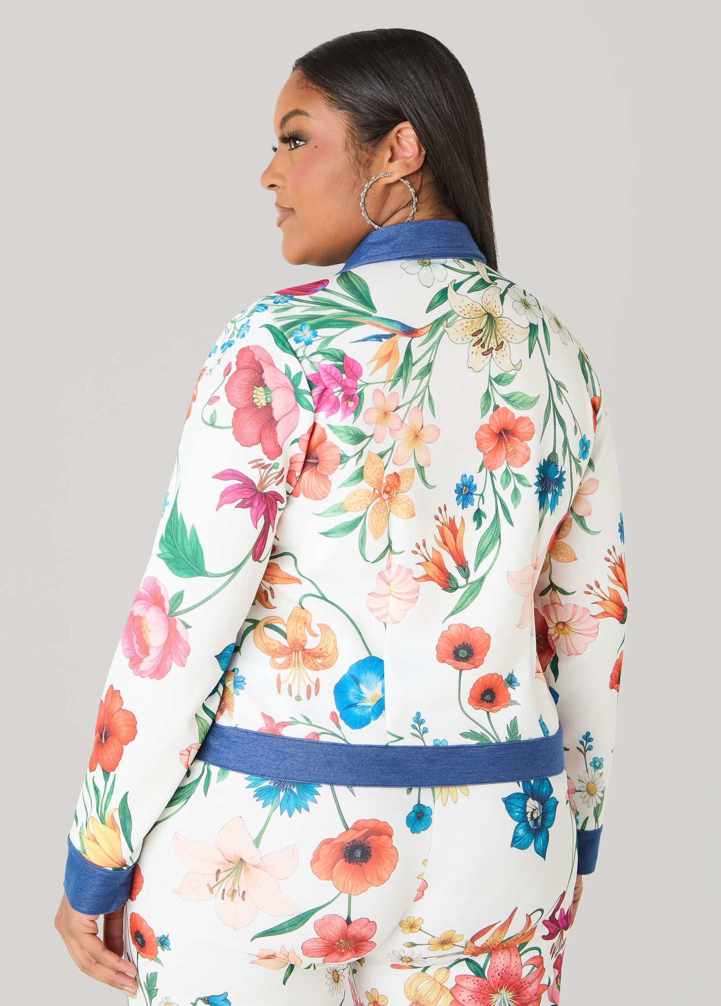 Ashley Stewart Denim Trimmed Floral Print Jacket White