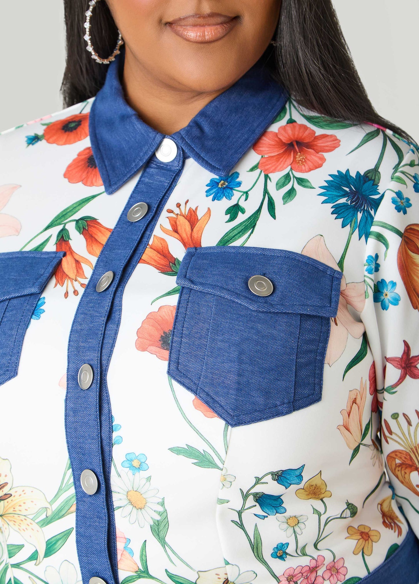 Ashley Stewart Denim Trimmed Floral Print Jacket White