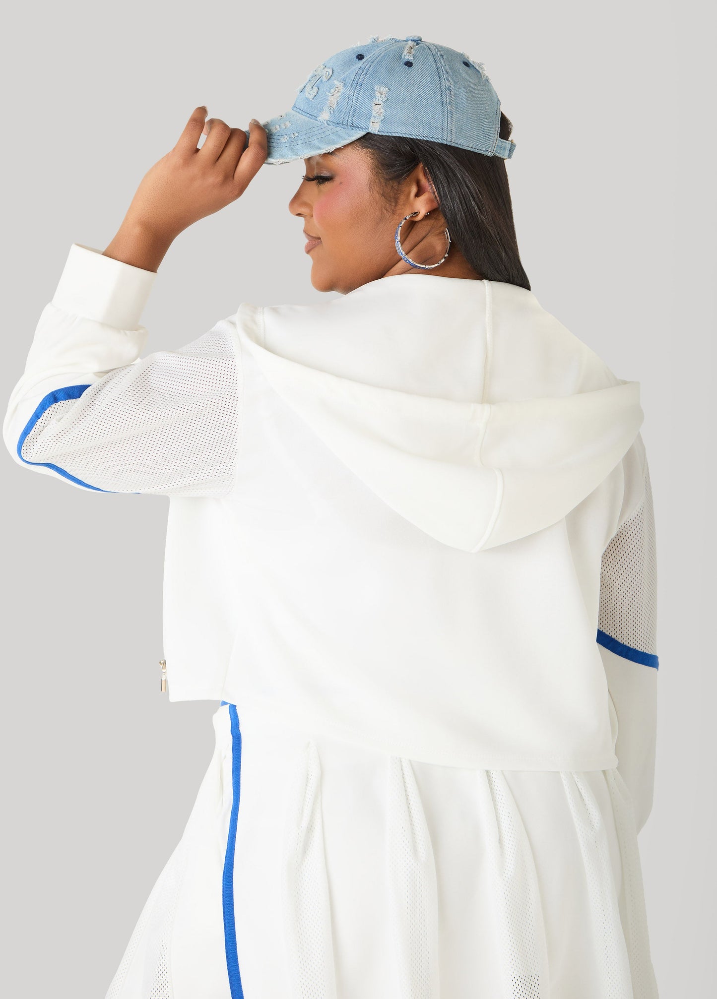 Ashley Stewart Cropped Mesh Paneled Track Jacket White
