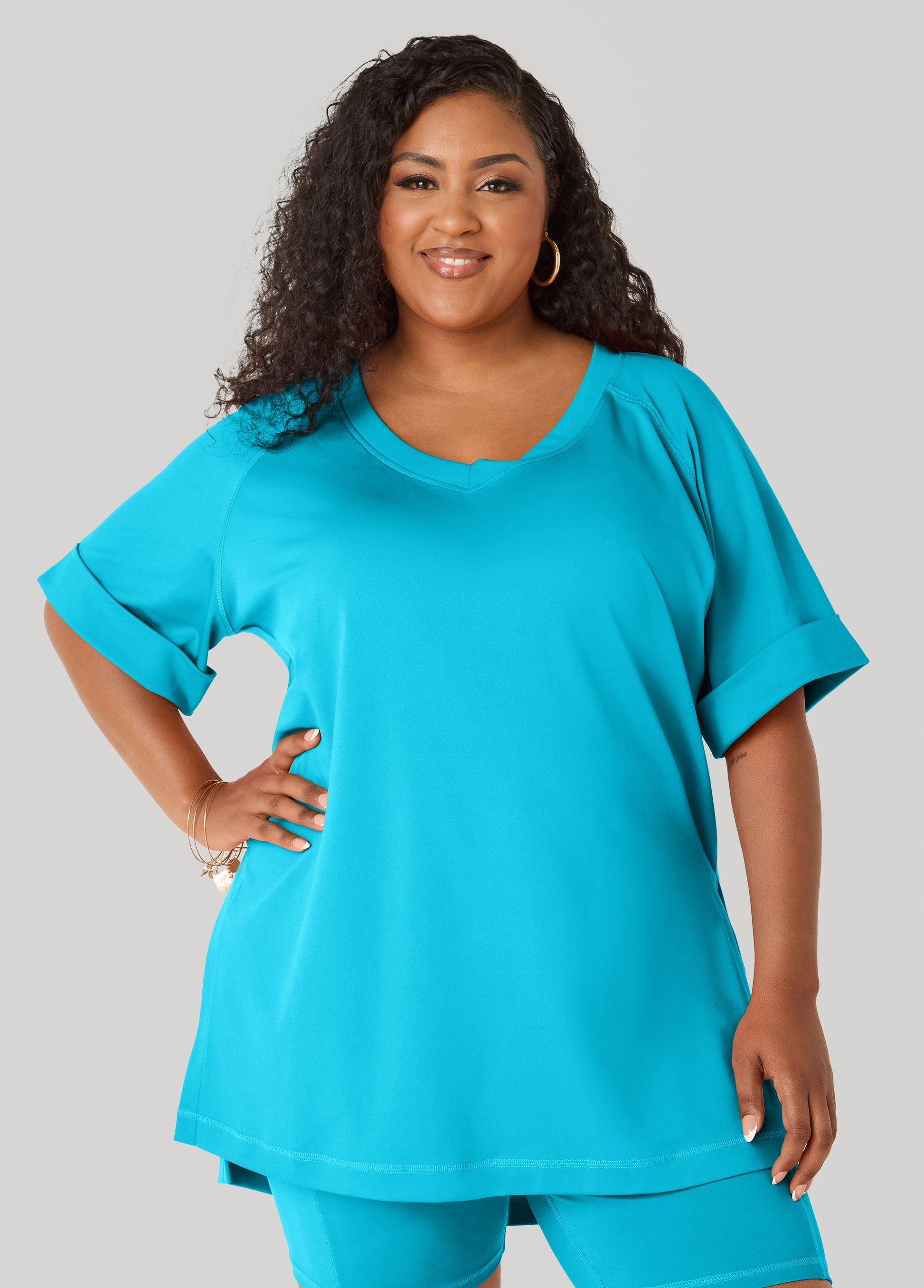 Ashley Stewart Side Split Athletic Knit Top Caribbean Sea