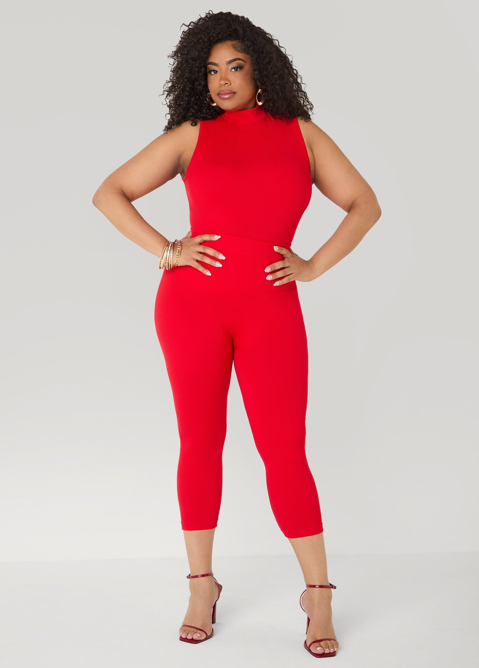 Ashley Stewart Ribbed Mock Neck Top And Capri Set Red