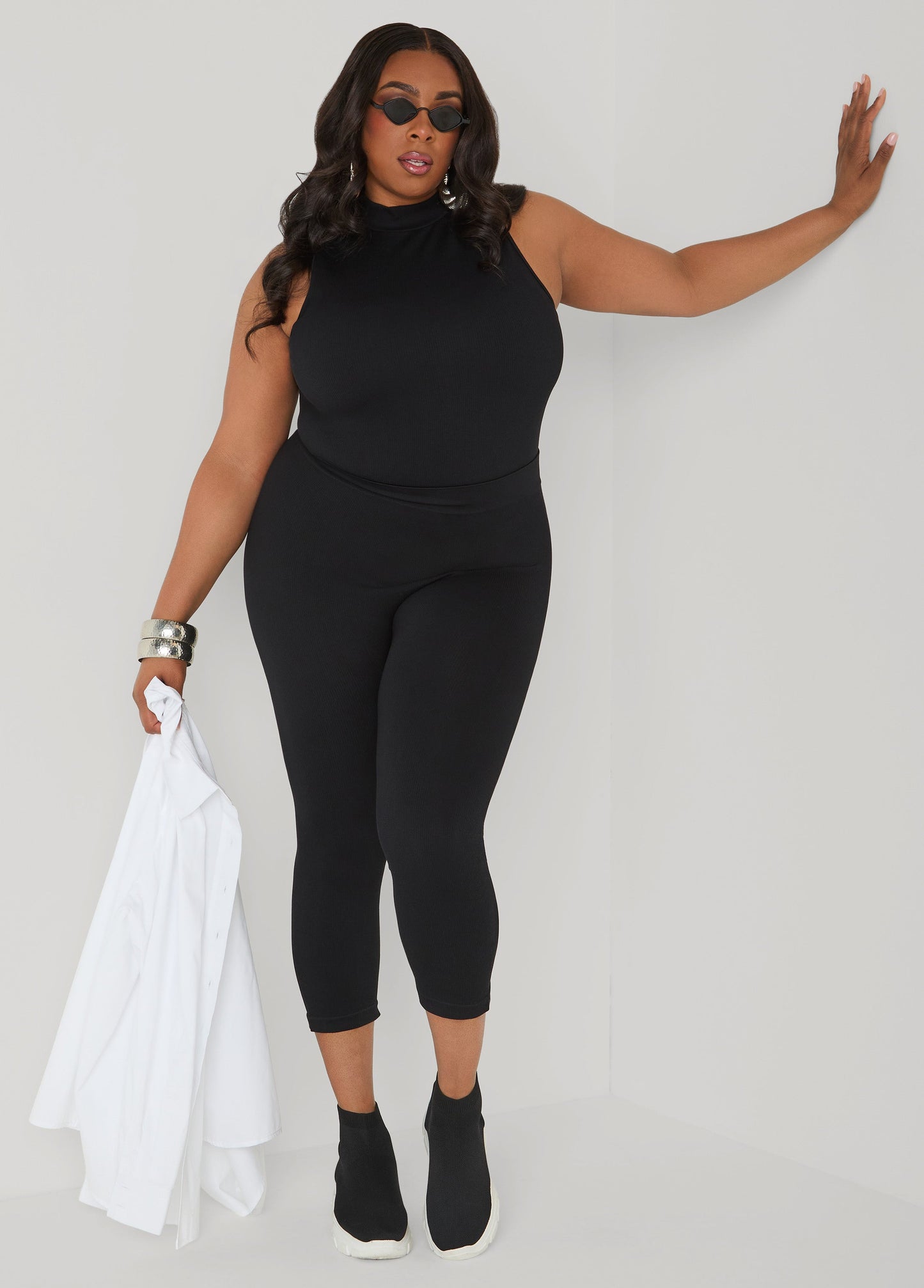 Ashley Stewart Ribbed Mock Neck Top And Capri Set Red