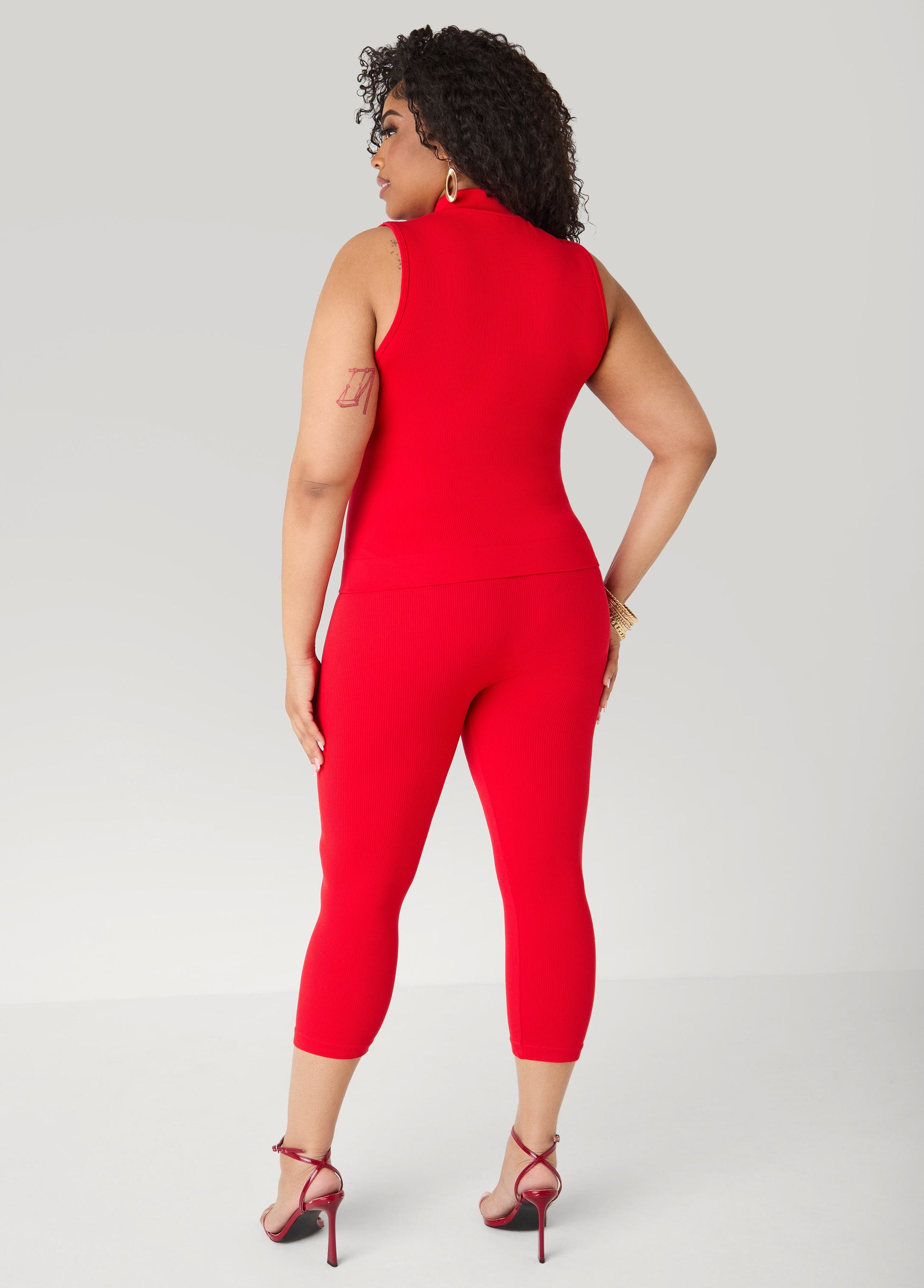 Ashley Stewart Ribbed Mock Neck Top And Capri Set Red