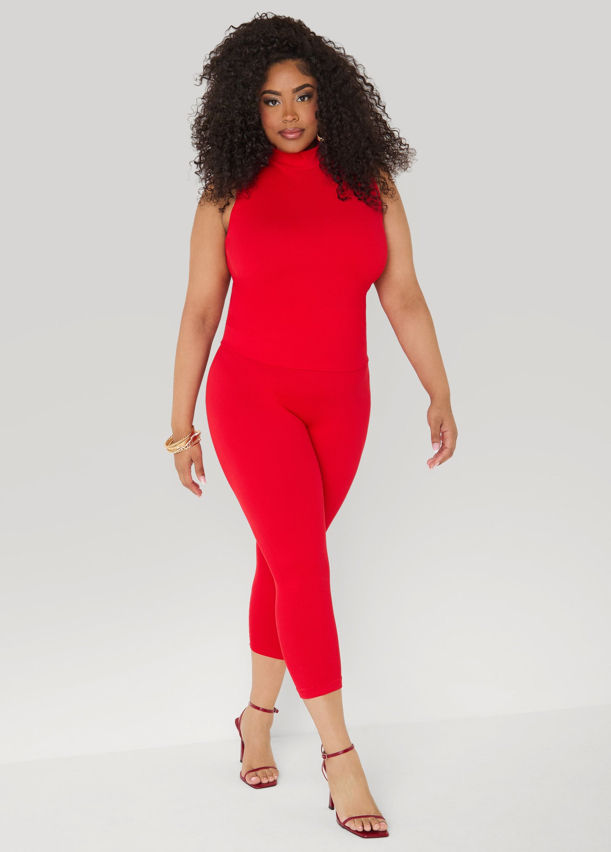 Ashley Stewart Ribbed Mock Neck Top And Capri Set Red