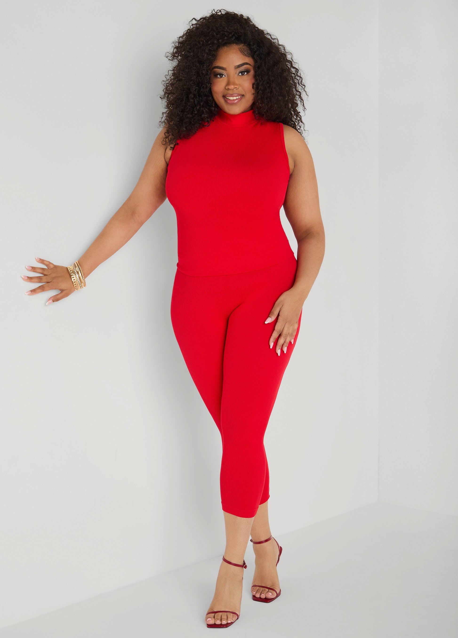 Ashley Stewart Ribbed Mock Neck Top And Capri Set Red