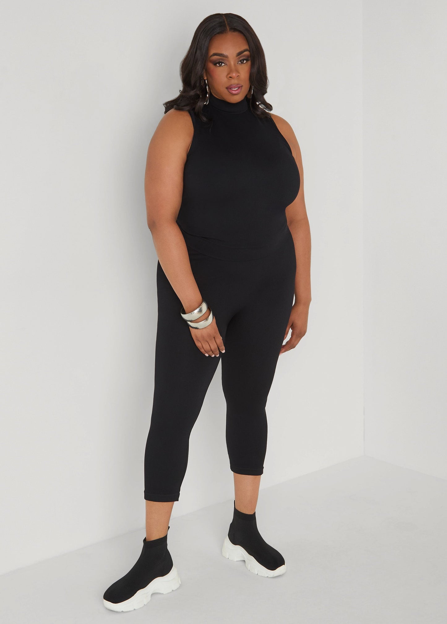 Ashley Stewart Ribbed Mock Neck Top And Capri Set Red