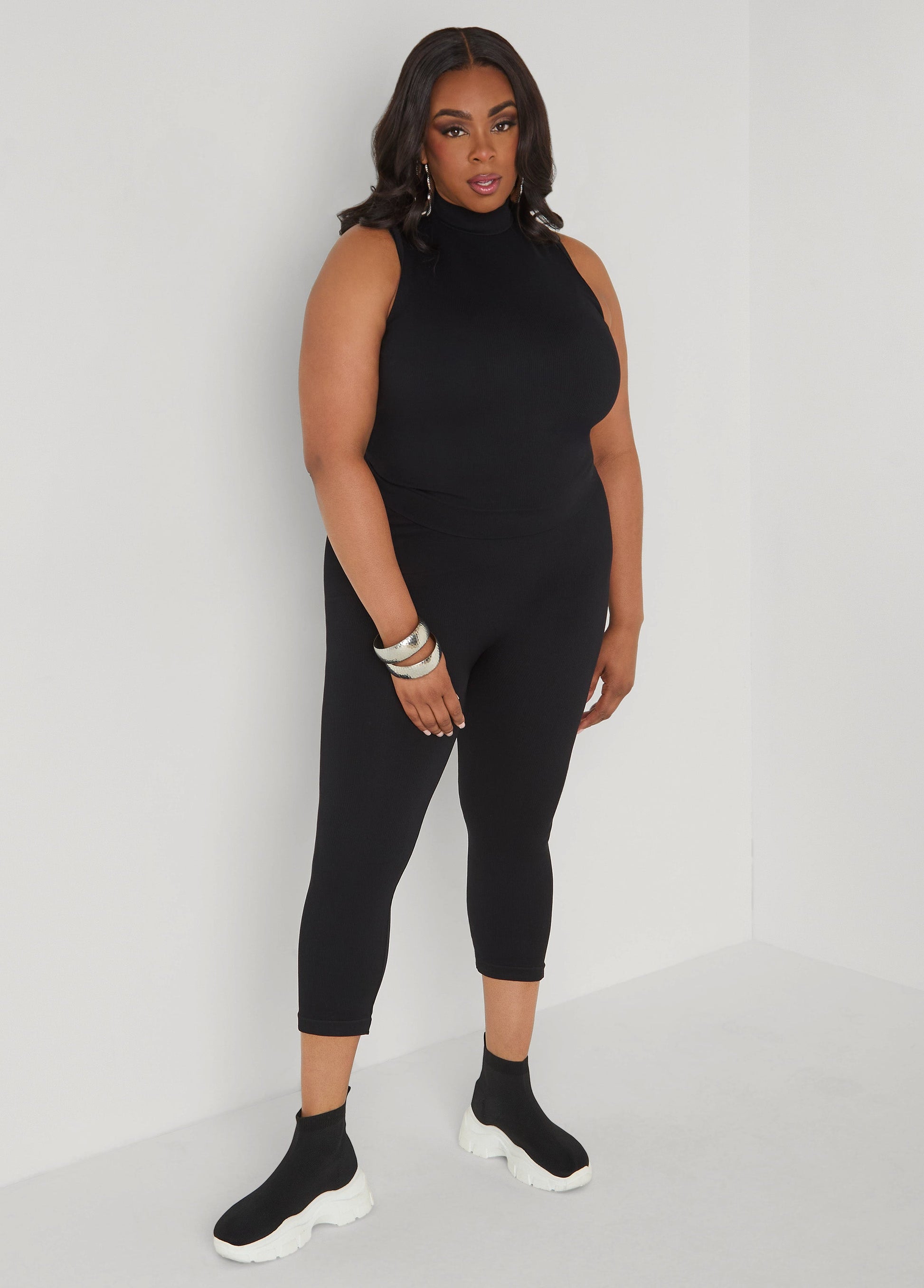Ashley Stewart Ribbed Mock Neck Top And Capri Set Red