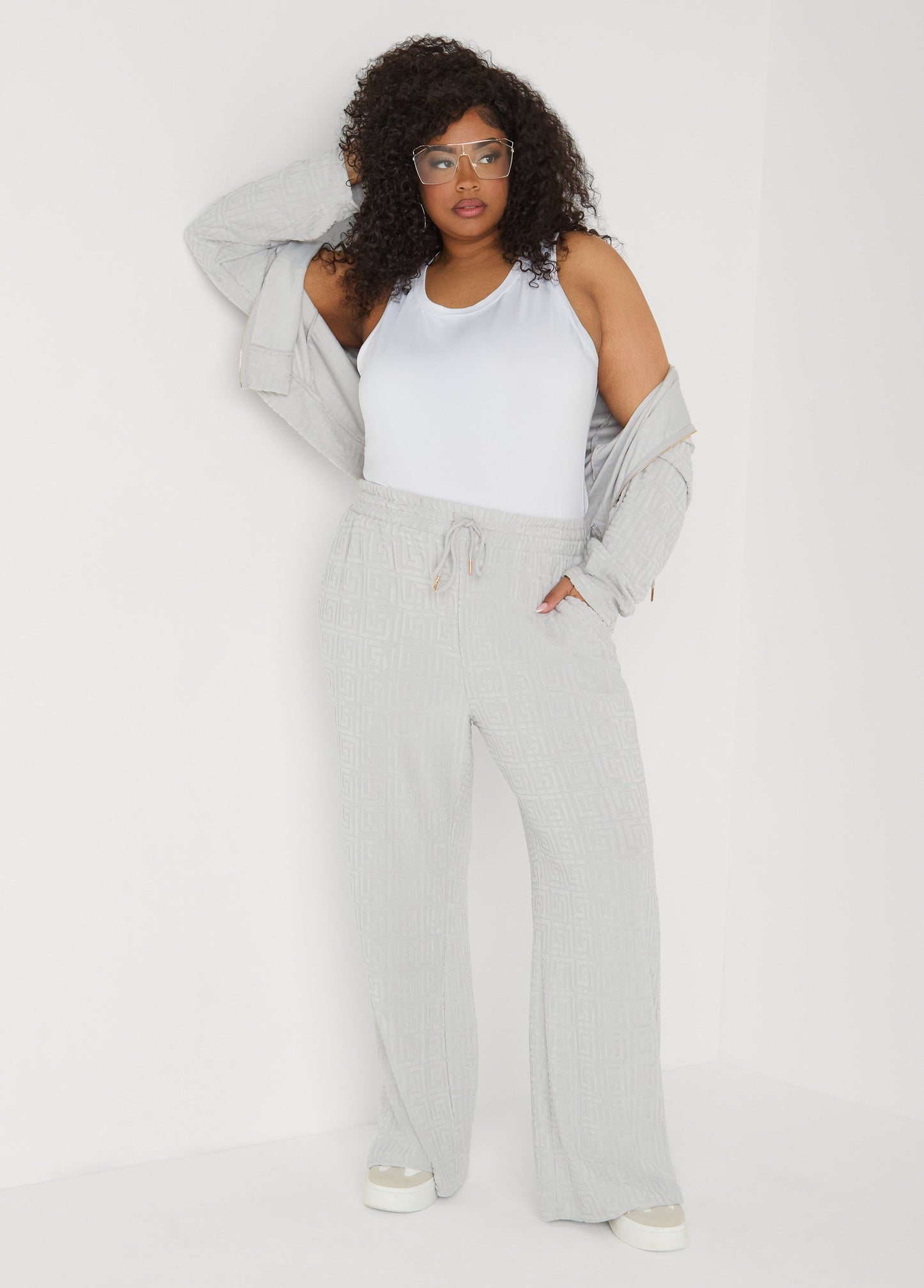 Ashley Stewart Greek Key Wide Leg Pants Coffee Bean