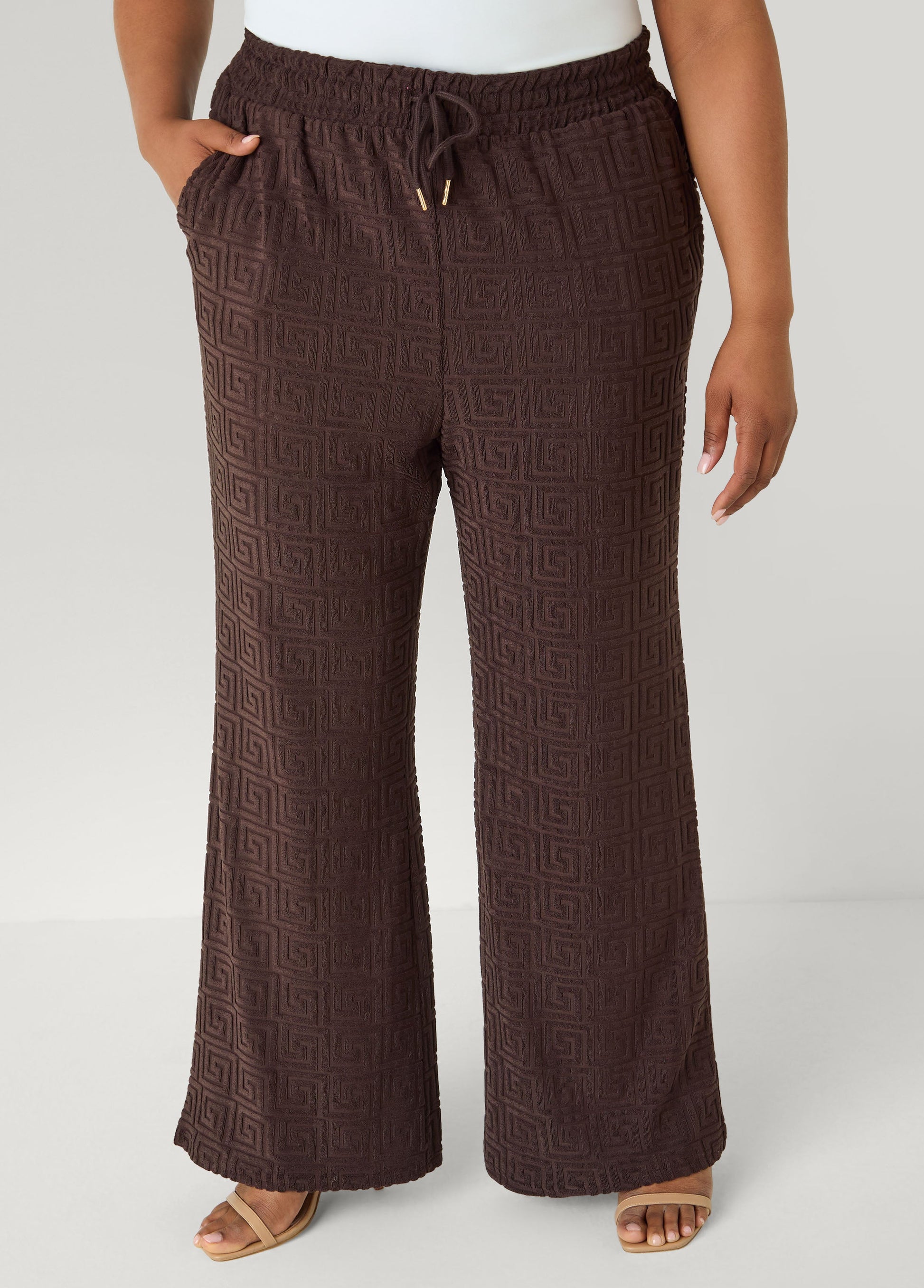 Ashley Stewart Greek Key Wide Leg Pants Coffee Bean