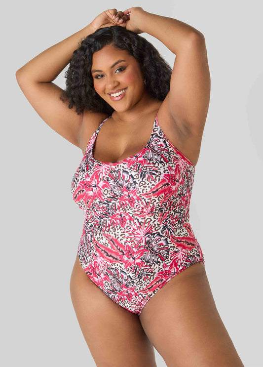 Ashley Stewart Leopard And Floral Print Swimsuit Multi