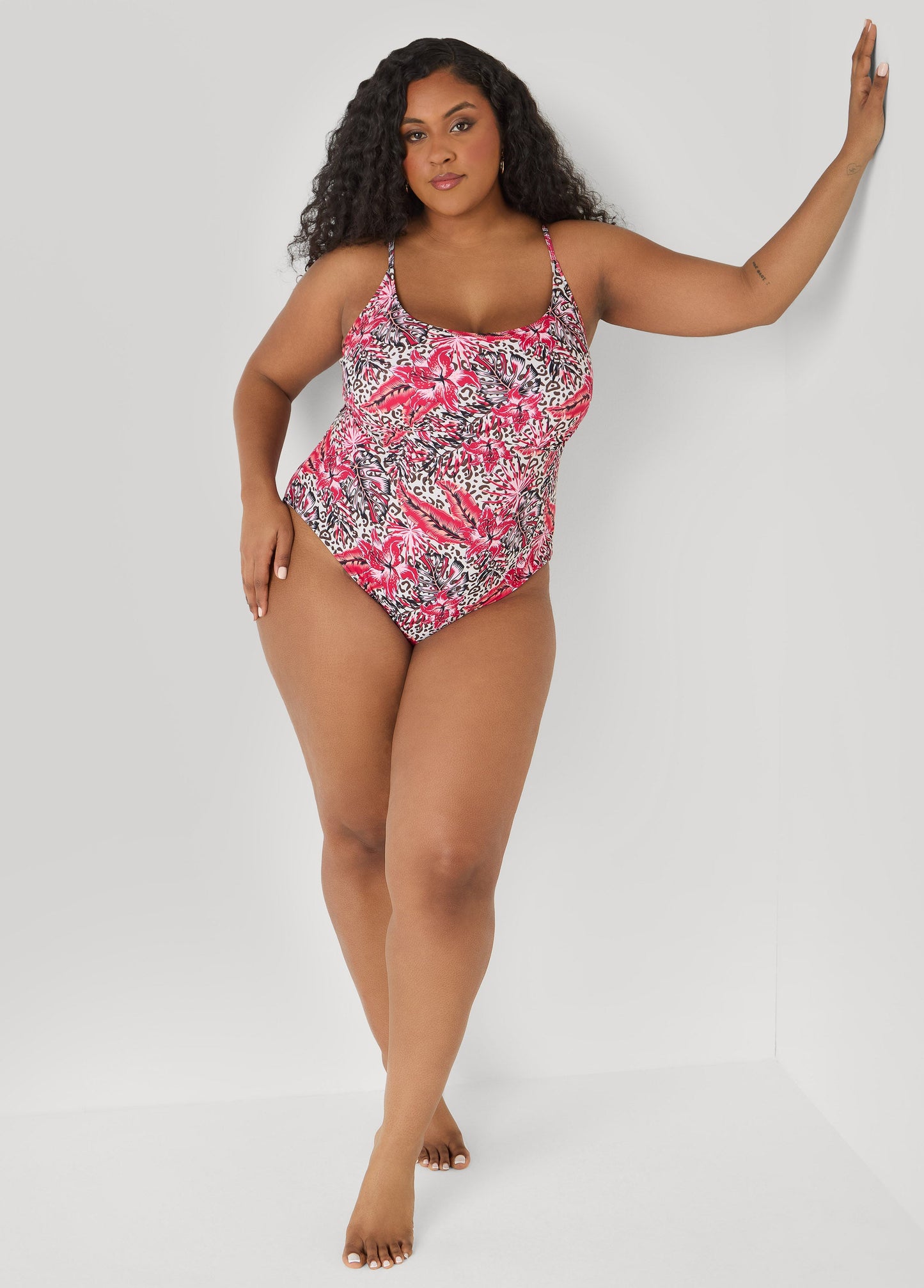 Ashley Stewart Leopard And Floral Print Swimsuit Multi