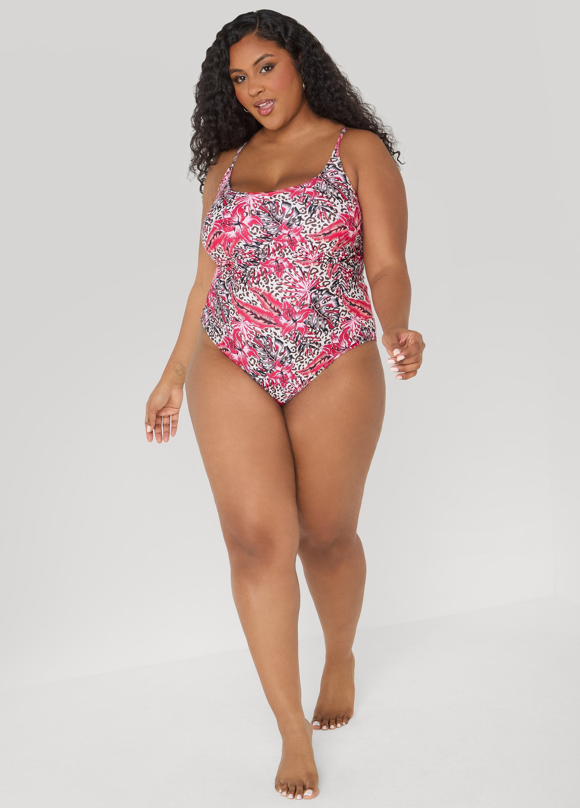Ashley Stewart Leopard And Floral Print Swimsuit Multi