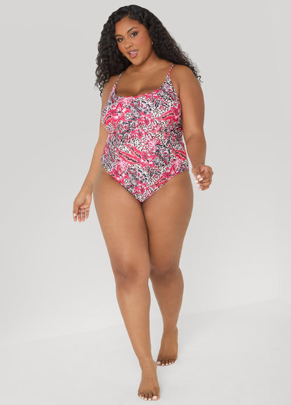 Ashley Stewart Leopard And Floral Print Swimsuit Multi