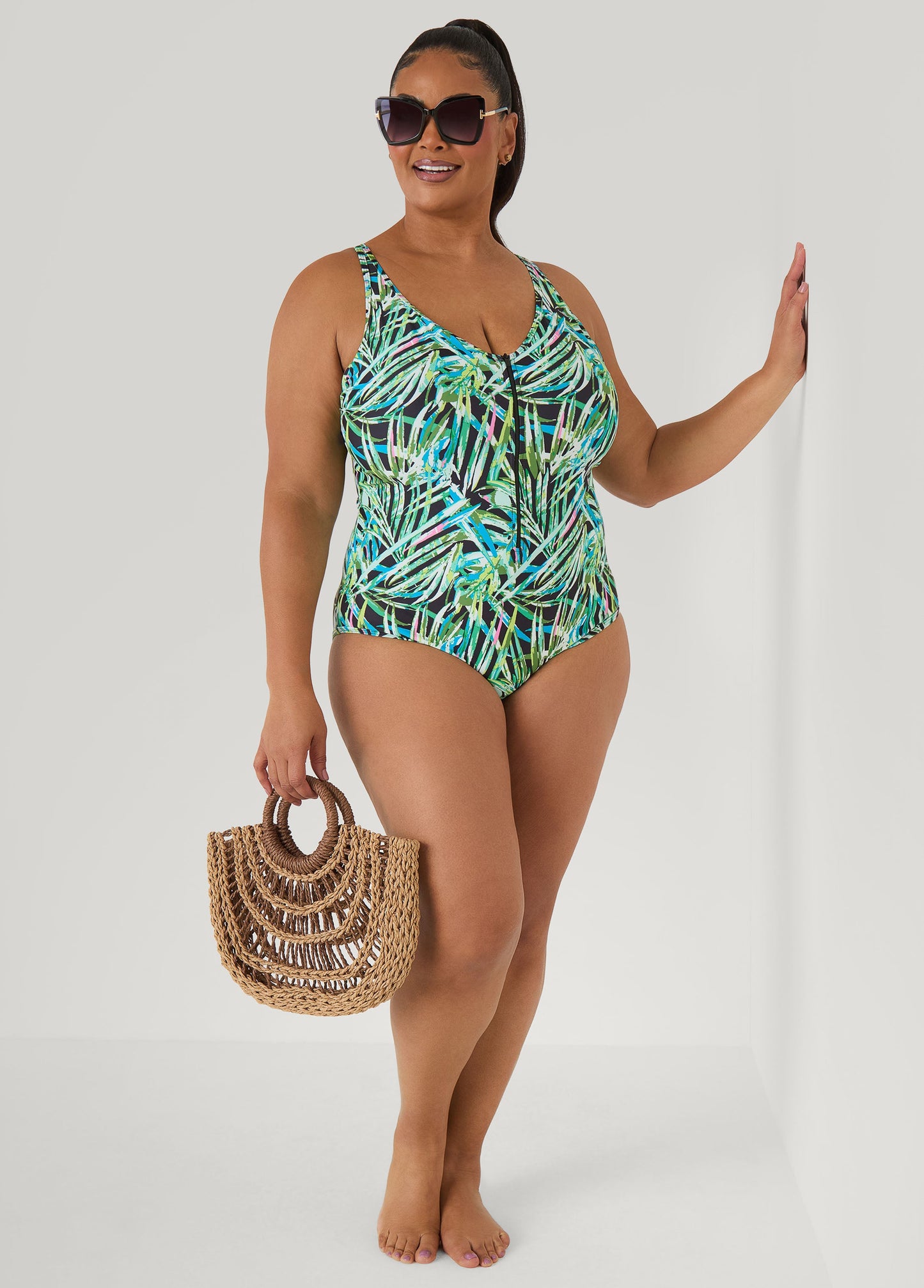 Ashley Stewart Tropical Zip Front Swimsuit Multi