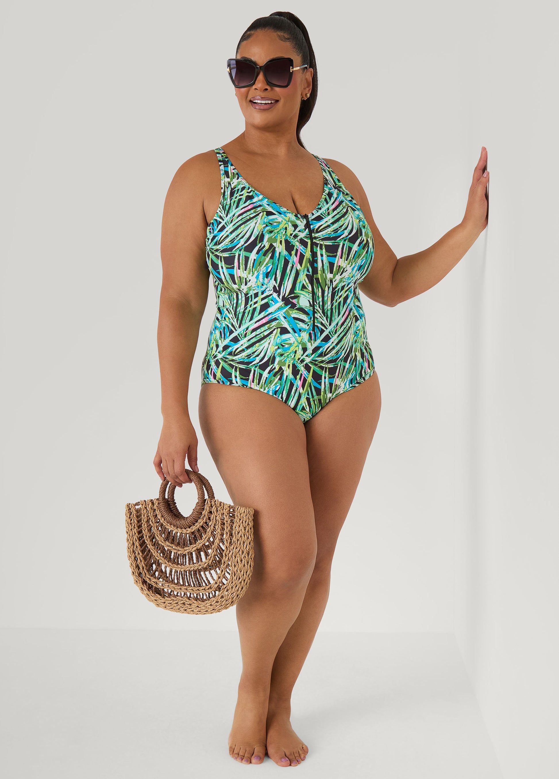 Ashley Stewart Tropical Zip Front Swimsuit Multi