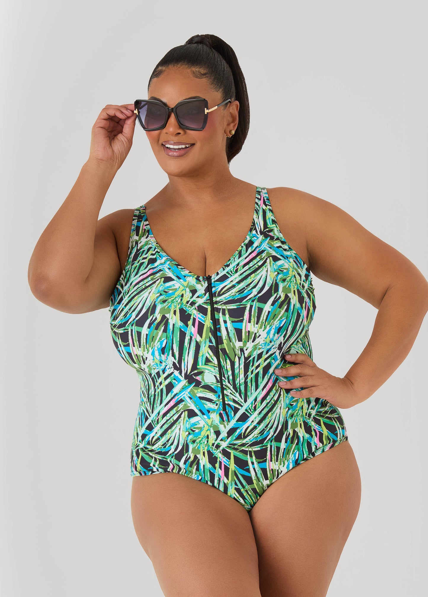Ashley Stewart Tropical Zip Front Swimsuit Multi