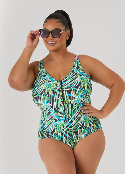 Ashley Stewart Tropical Zip Front Swimsuit Multi