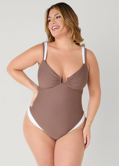 Ashley Stewart Two Tone U Ring Swimsuit Brown