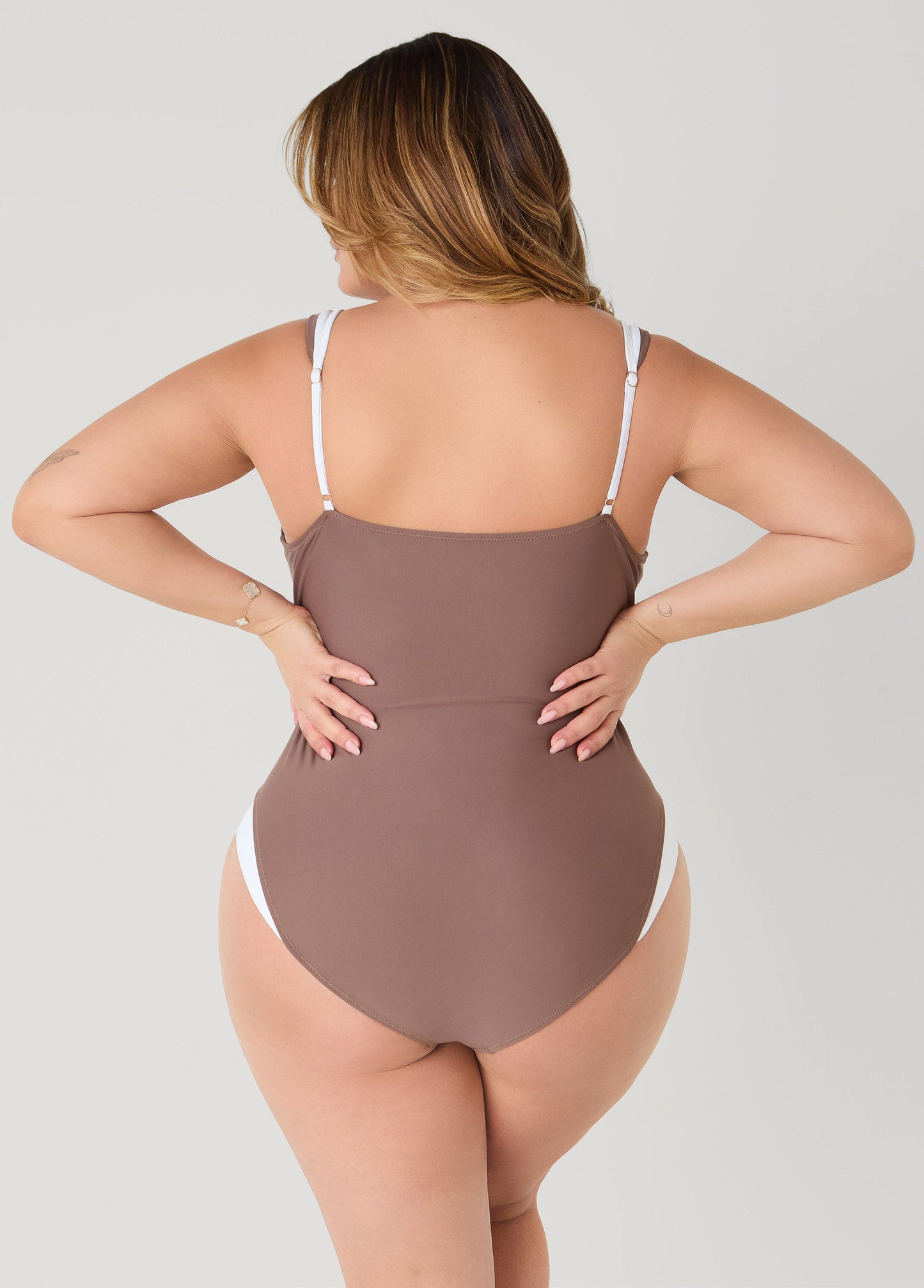 Ashley Stewart Two Tone U Ring Swimsuit Brown