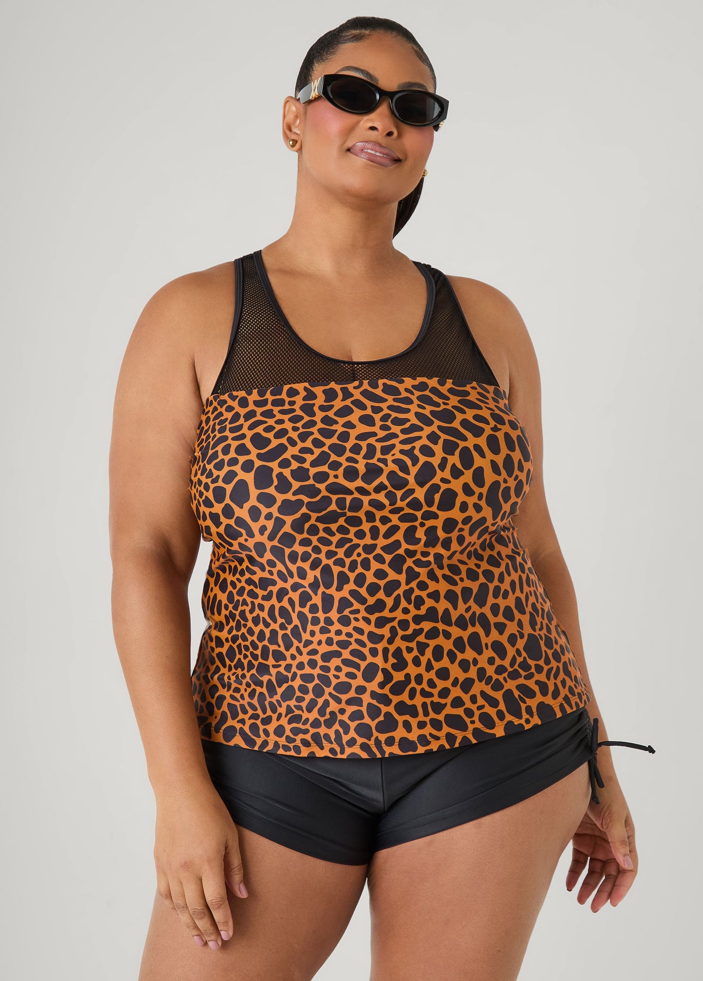 Ashley Stewart Mesh Paneled Animal Tankini Set Black Animal