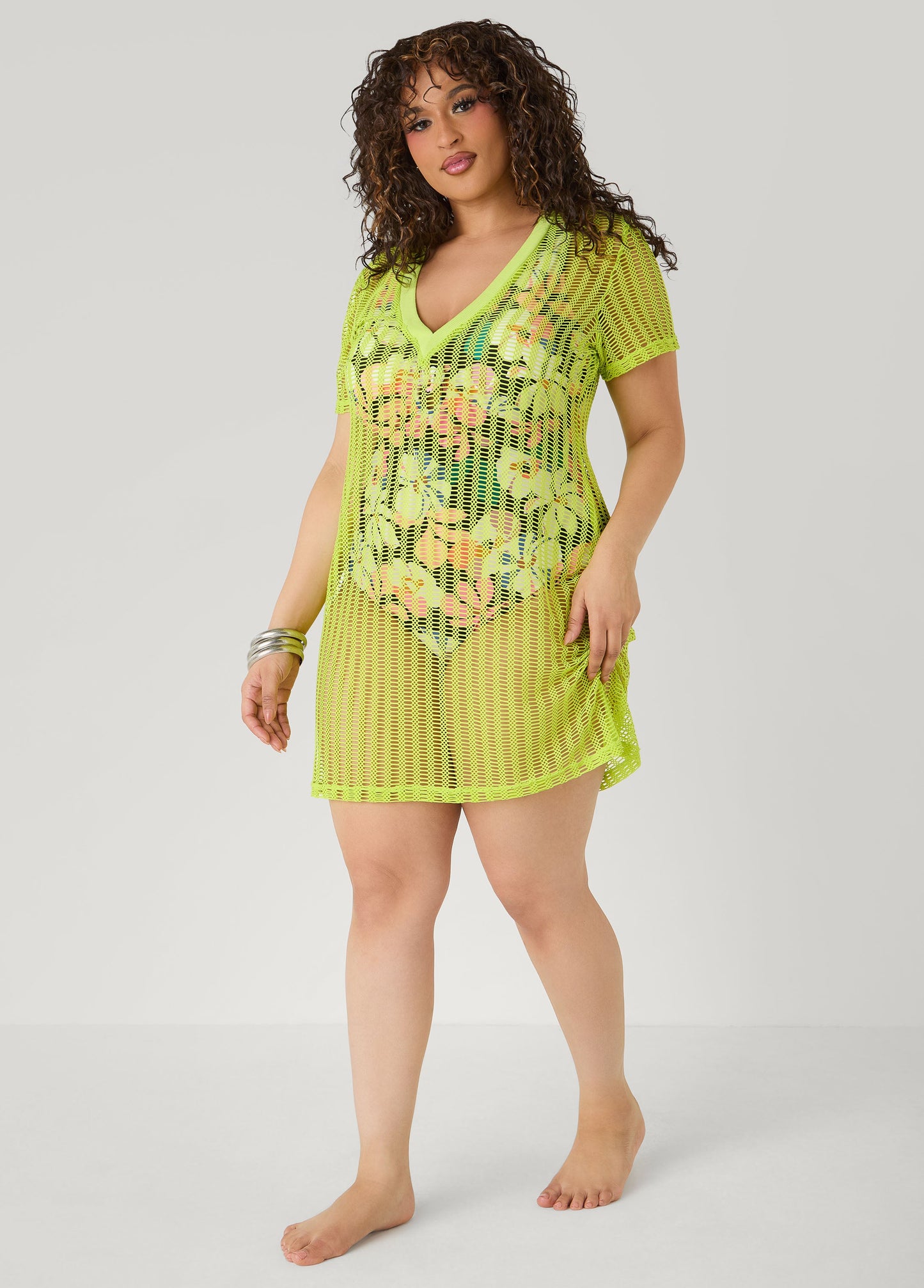 Ashley Stewart Given Kale V Neck Mesh Cover Up LIME GREEN
