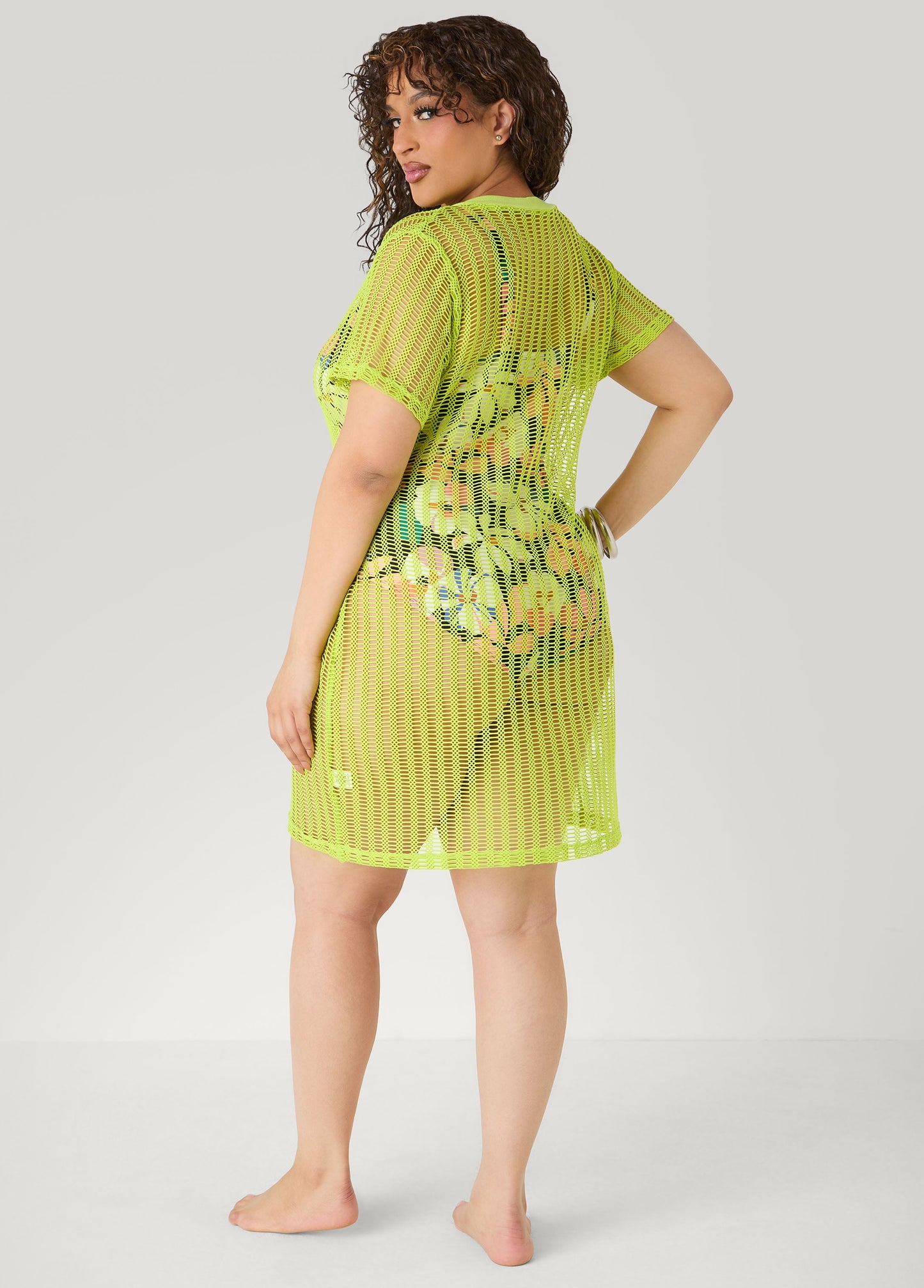 Ashley Stewart Given Kale V Neck Mesh Cover Up LIME GREEN