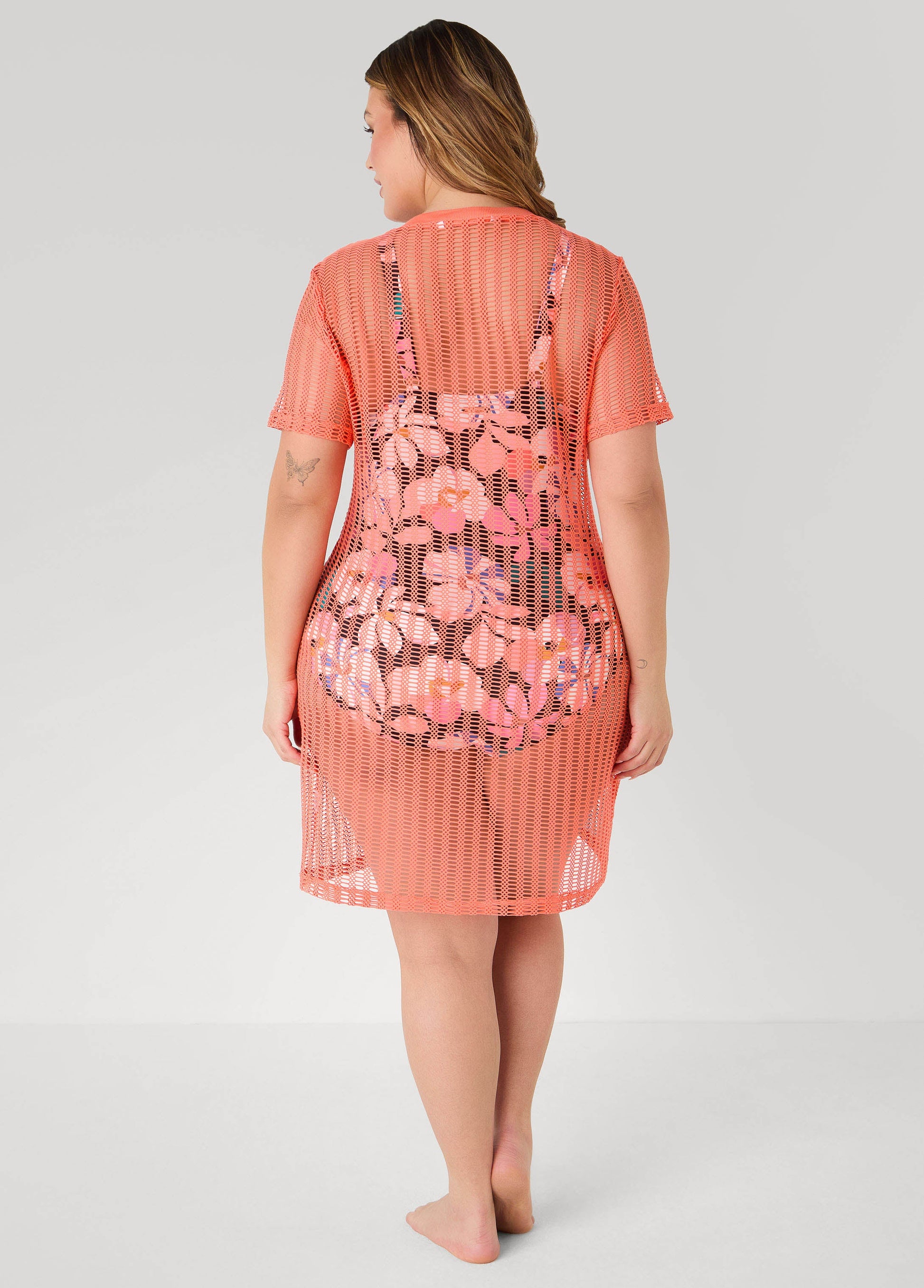Ashley Stewart Given Kale Mesh V Neck Cover Up Coral